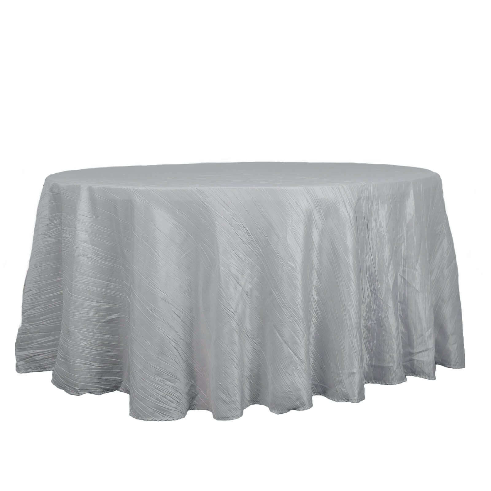 Taffeta 120 Round Tablecloth Silver - Seamless Accordion Crinkle Table Cover