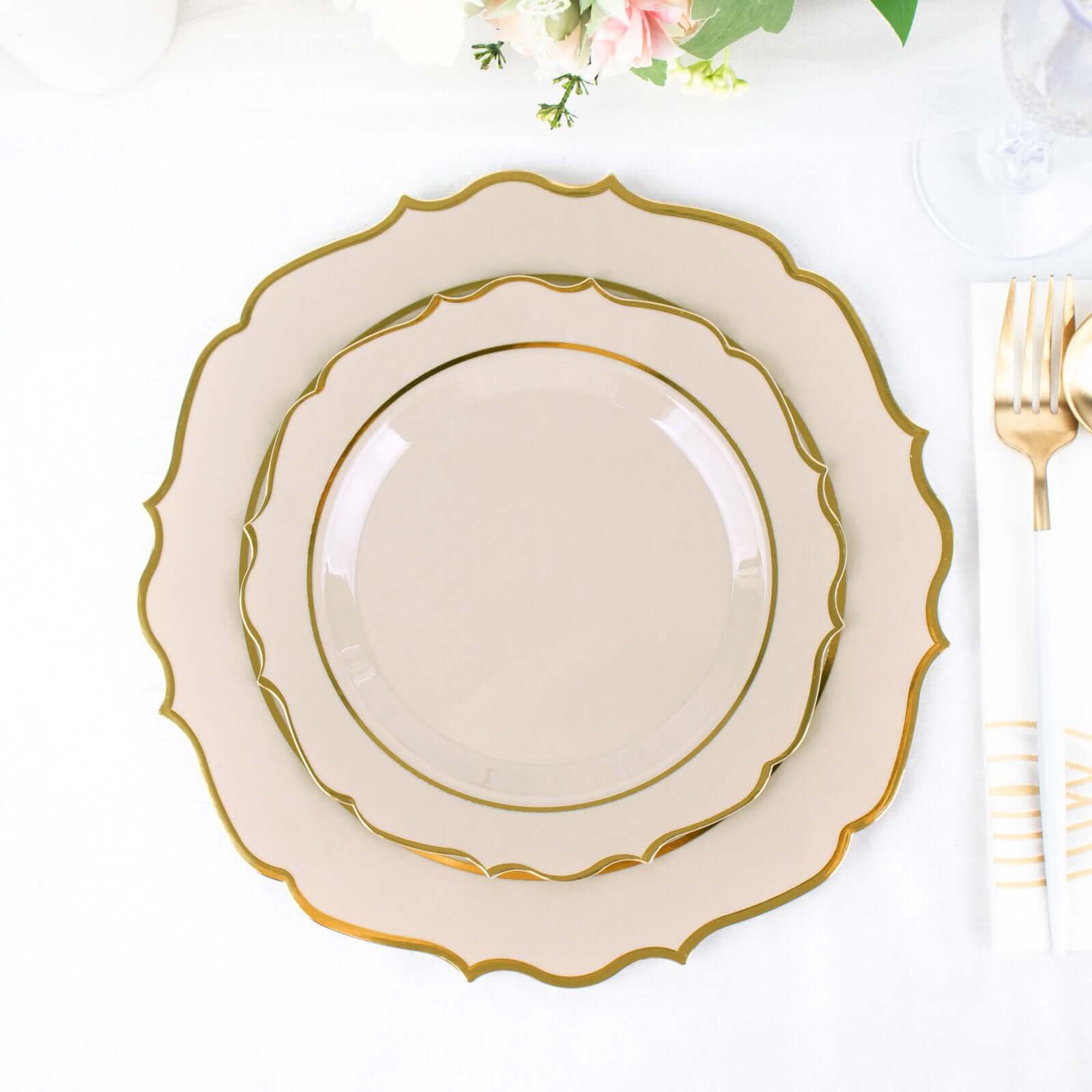 10-Pack Plastic 8 Round Desert Plates in Taupe with Gold Scalloped Rim - Disposable Appetizer/Salad Plates