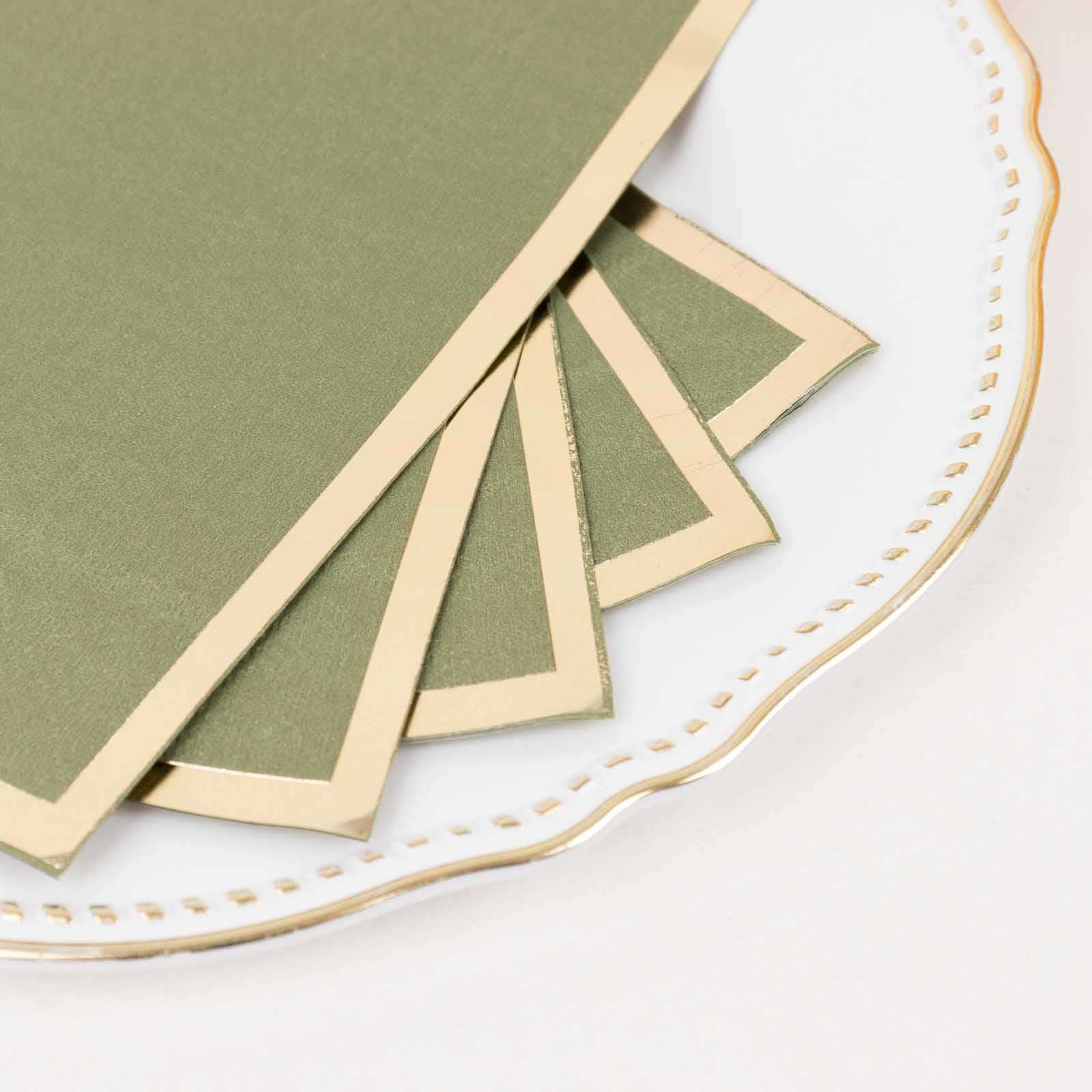 50-Pack Paper Dinner Napkins Olive Green with Gold Foil Edge 2 Ply - Stylish Disposable Napkins