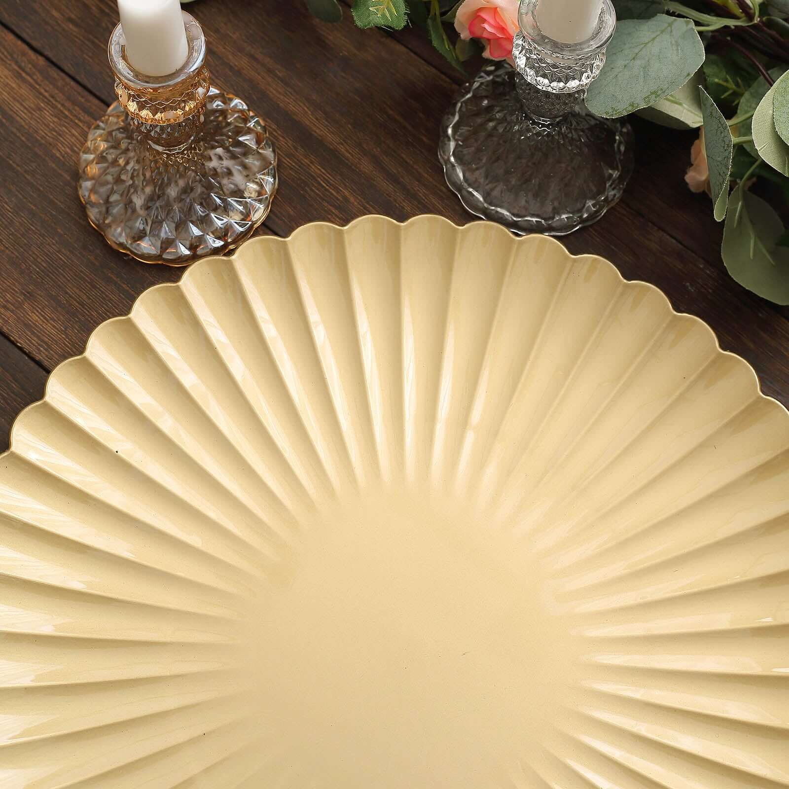 6-Pack Plastic Round Charger Plates 13 in Gold with Scalloped Shell Pattern, Coastal Inspired Disposable Charger Tableware