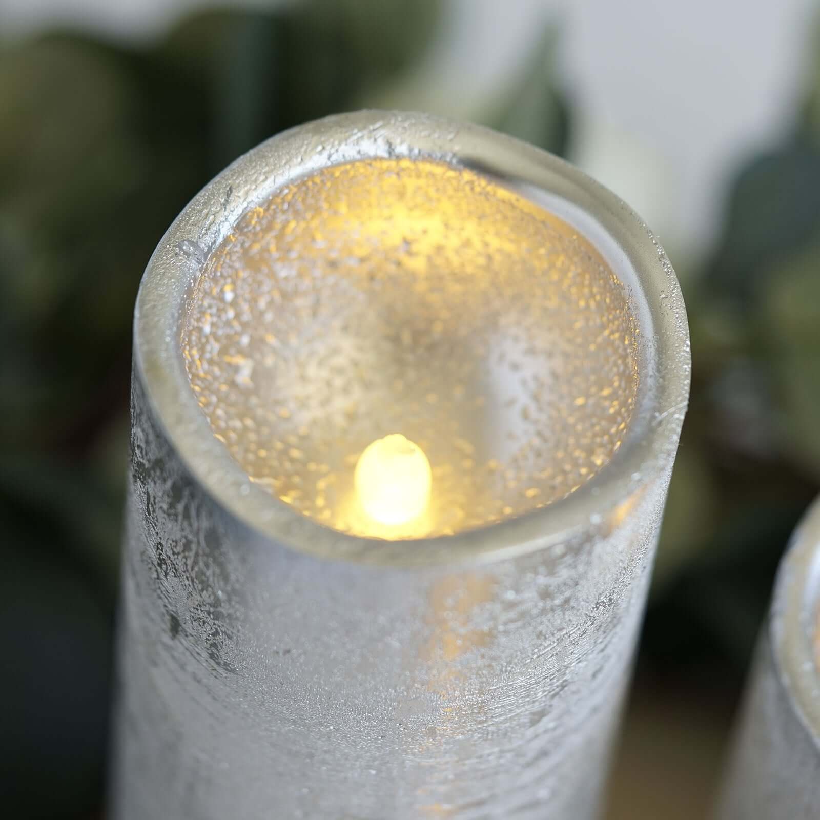 Set of 3 LED Flameless Pillar Candles Remote Operated Metallic Silver - Battery Powered 4, 6, 8