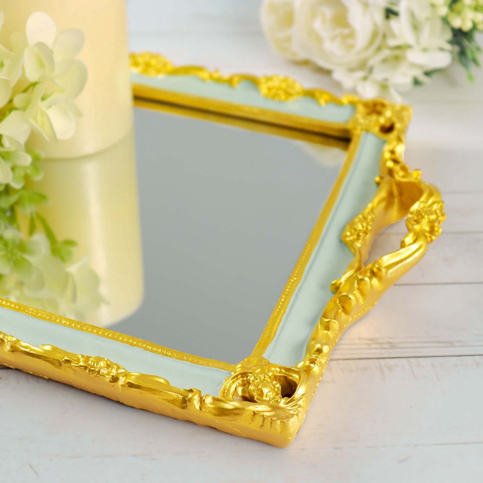 Resin Mirrored Rectangle Serving Tray 15x10 in Mint Green with Gold Baroque Design, Stylish Decorative Vanity Tray Centerpiece