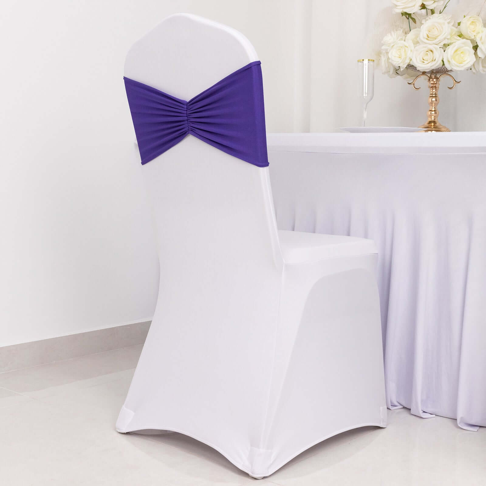 5 Pack Spandex Chair Sashes Purple Ruffled Style - Wide Easy to Use Stretch Chair Bands 8x13