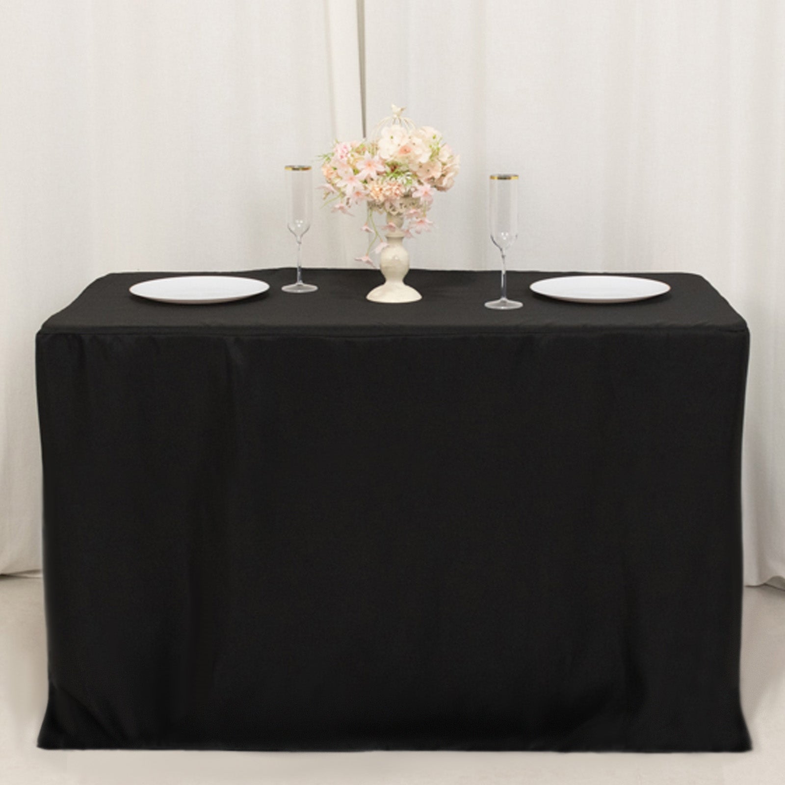 Fitted Polyester 48x24x42 Rectangle Tablecloth Black - Snug Fit for Elevated Tables