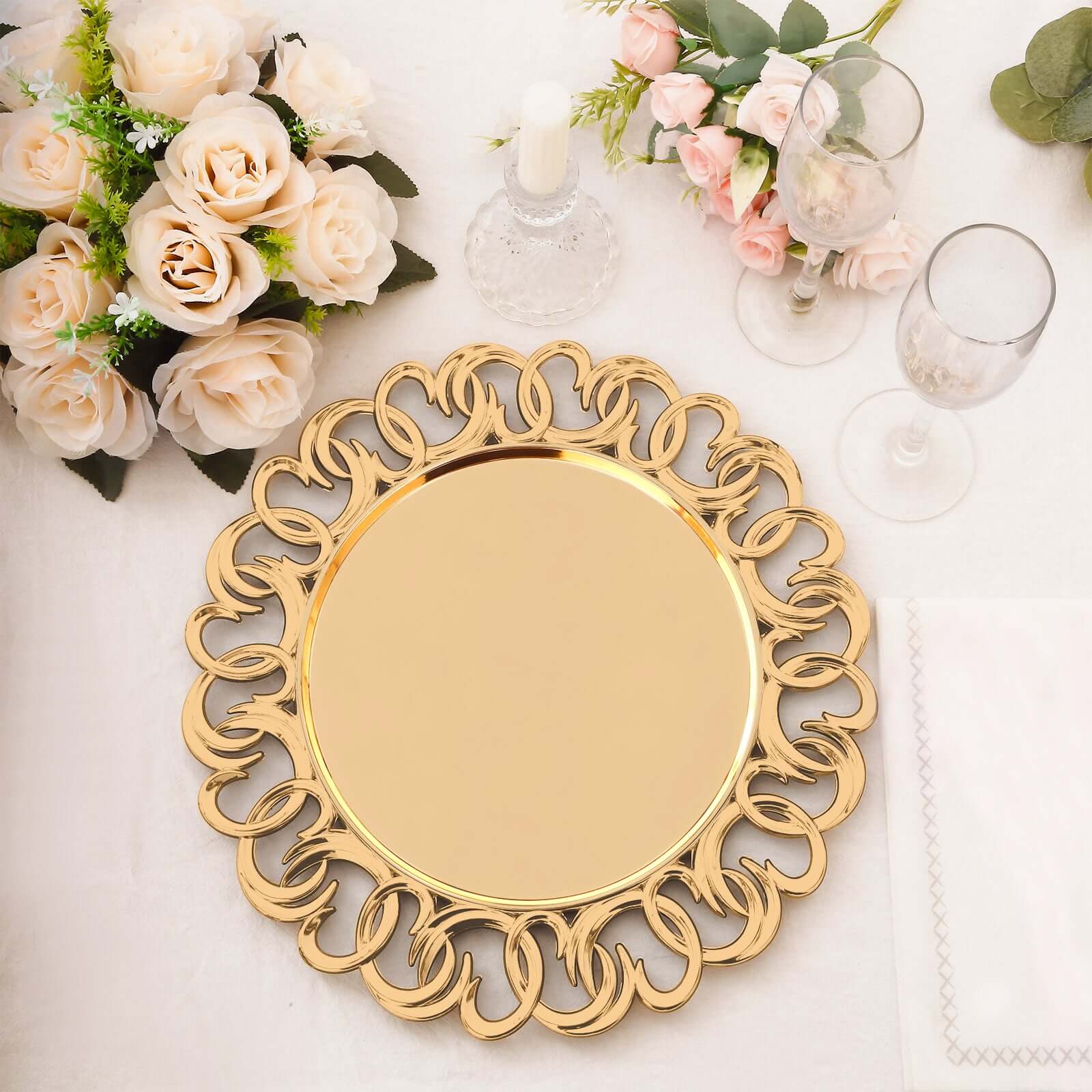 6-Pack Plastic Round Charger Plates 13 in Gold with Entwined Swirl Rim, Plastic Disposable Decorative Chargers