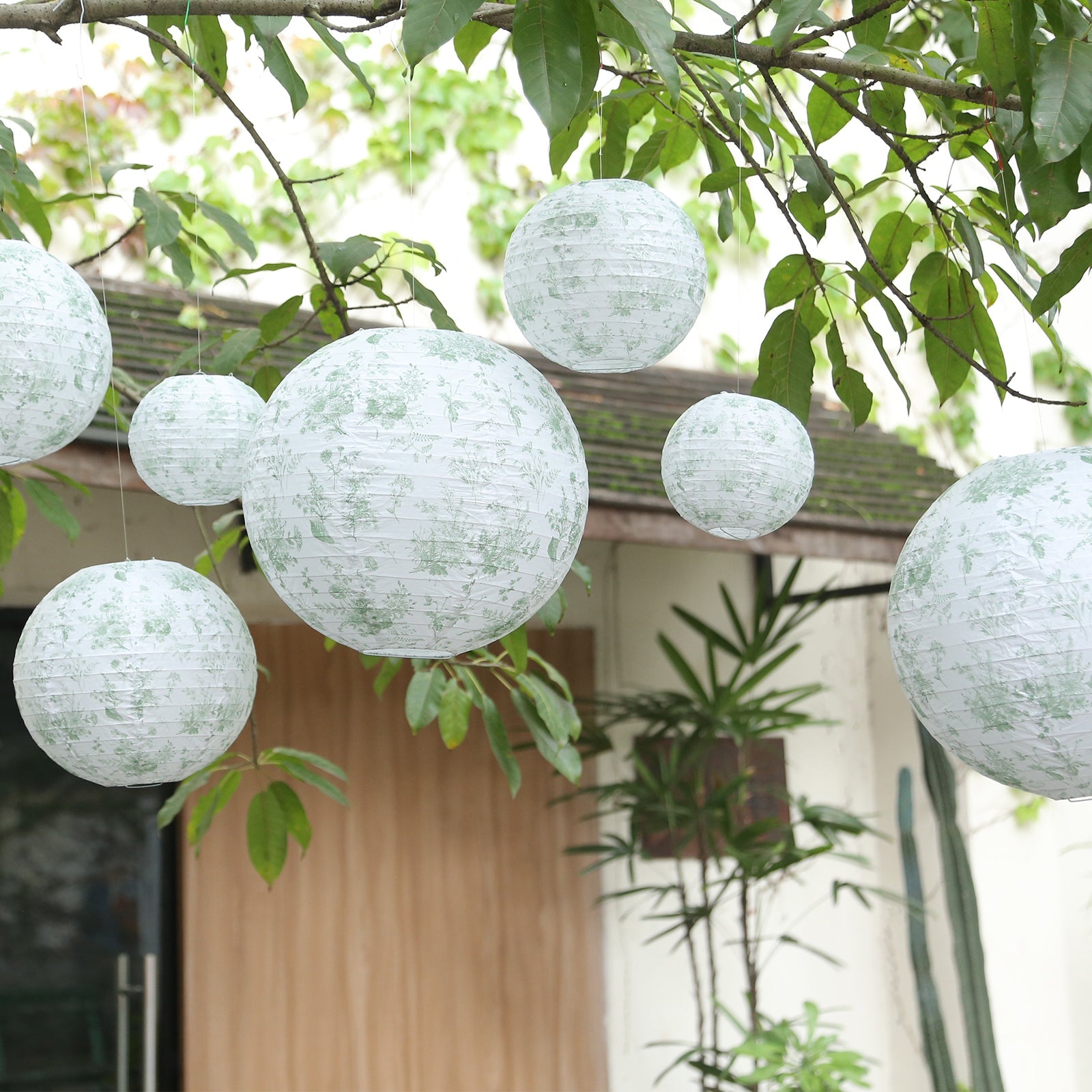 Set of 8 White Sage Green Hanging Chinese Lanterns in French Toile Floral Pattern, Festival Paper Lanterns - 6,8,10,14