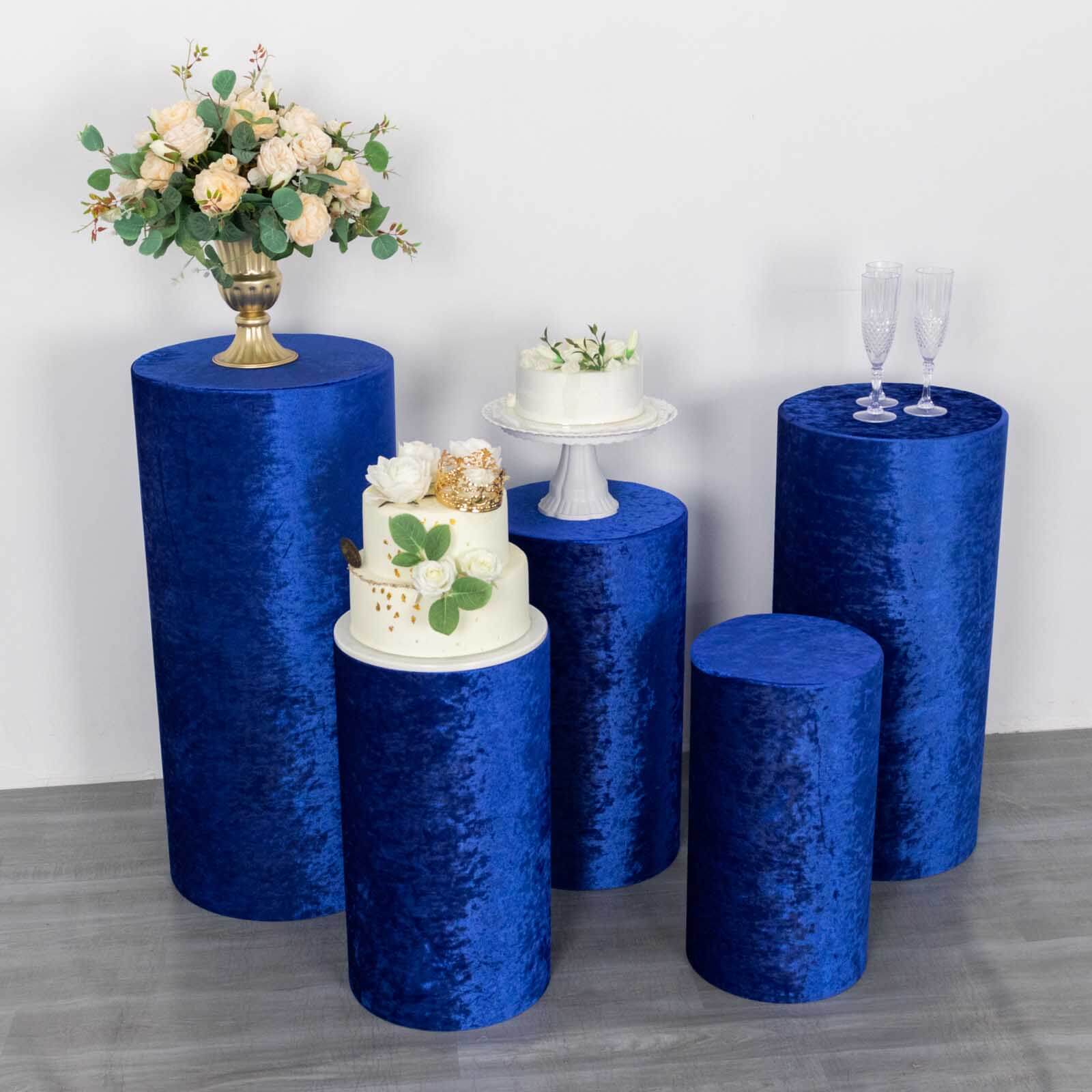 Set of 5 Royal Blue Crushed Velvet Cylinder Pedestal Stand Covers, Premium Pillar Prop Covers