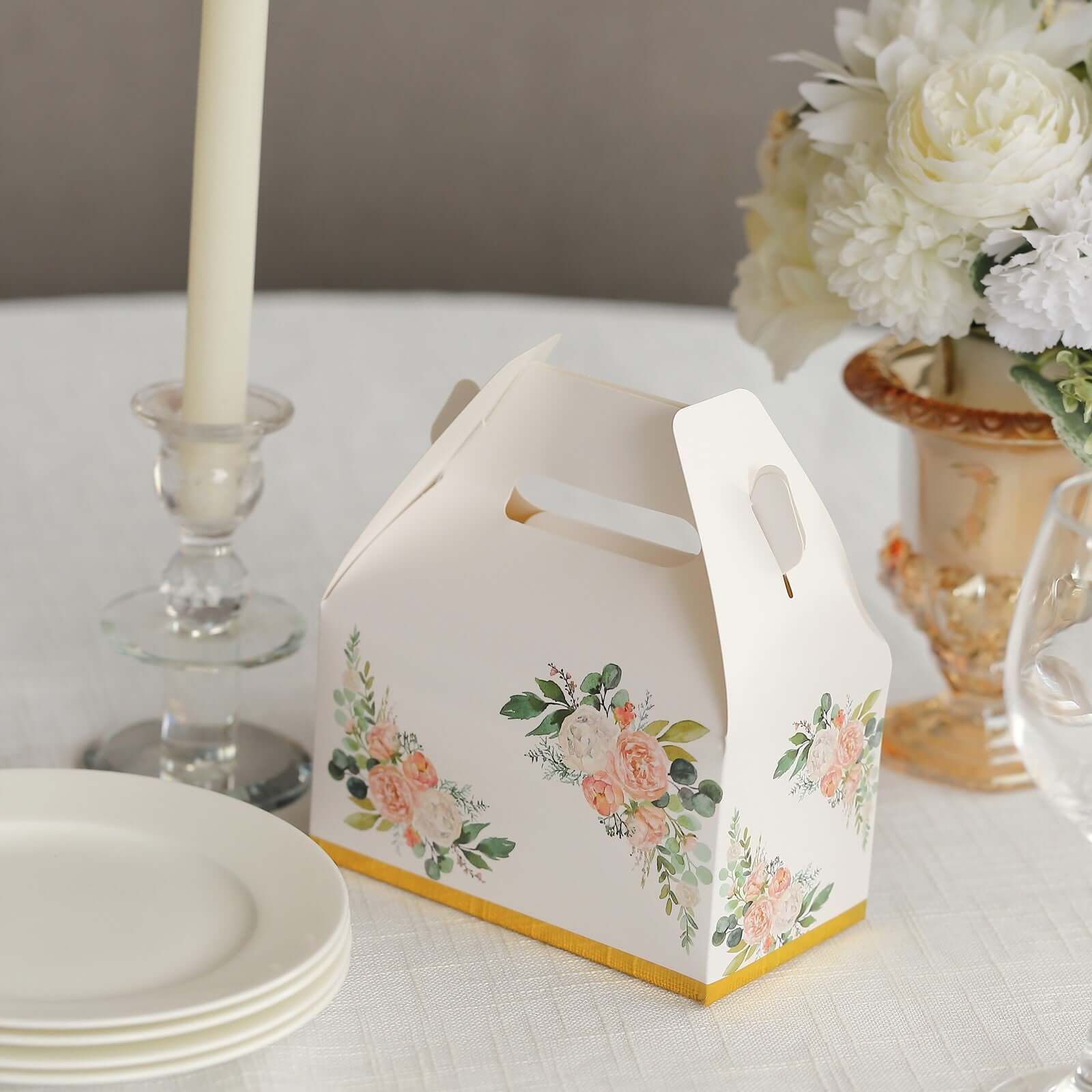 25 Pack White Pink Peony Flowers Print Candy Gift Tote Gable Boxes with Gold Edge, Party Favor Treat Boxes - 6x3.5x7