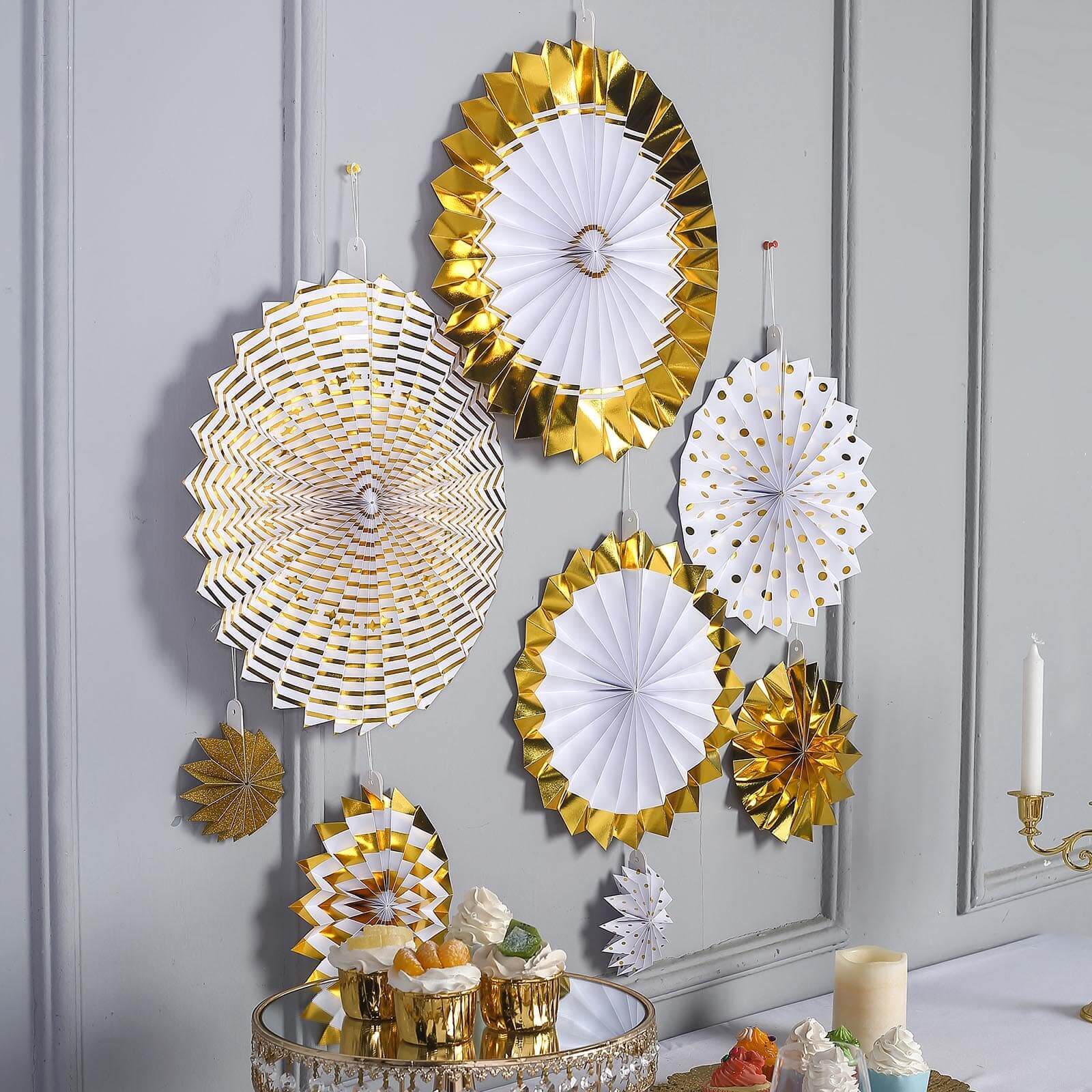 Set of 8 Gold White Hanging Paper Fan Decorations, Pinwheel Wall Backdrop Party Kit - 4, 8, 12, 16