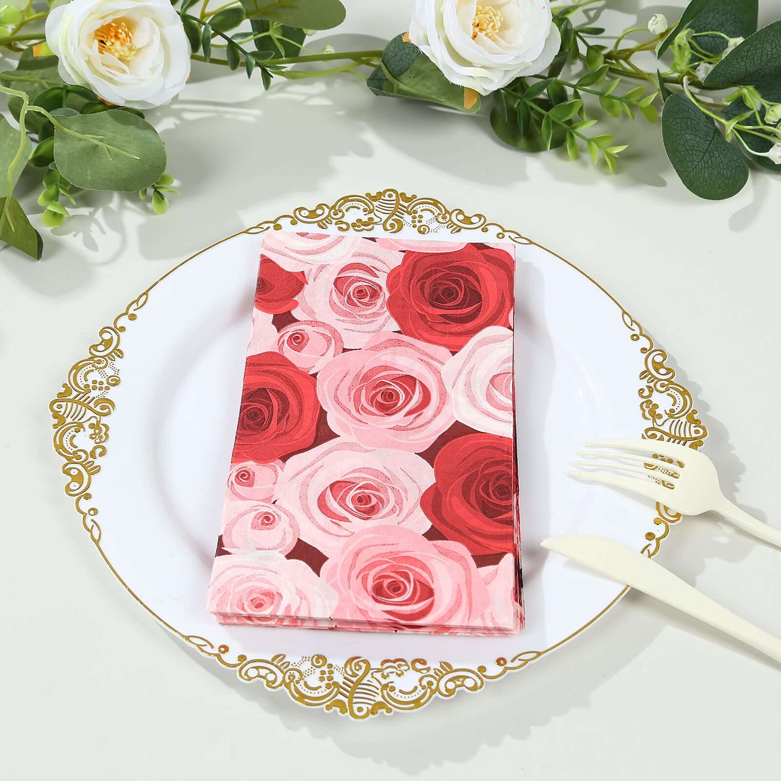 20-Pack Paper Dinner Napkins with Rose Floral Print Red/Pink 2 Ply - Stylish Boho Napkins for Events