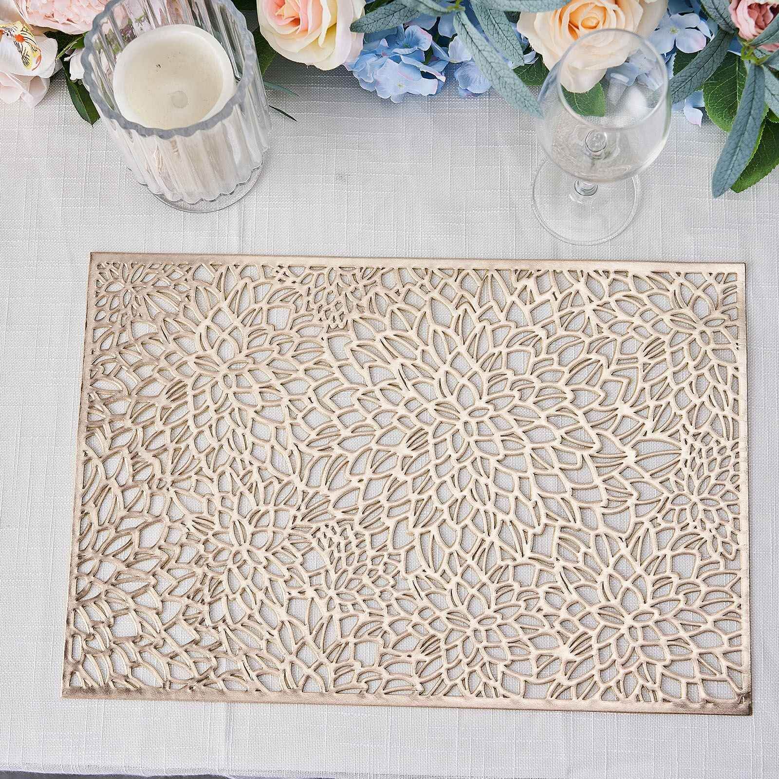 6-Pack Vinyl Placemats Gold Metallic with Floral Design - Stylish Non-Slip Rectangle Table Mats 12x18