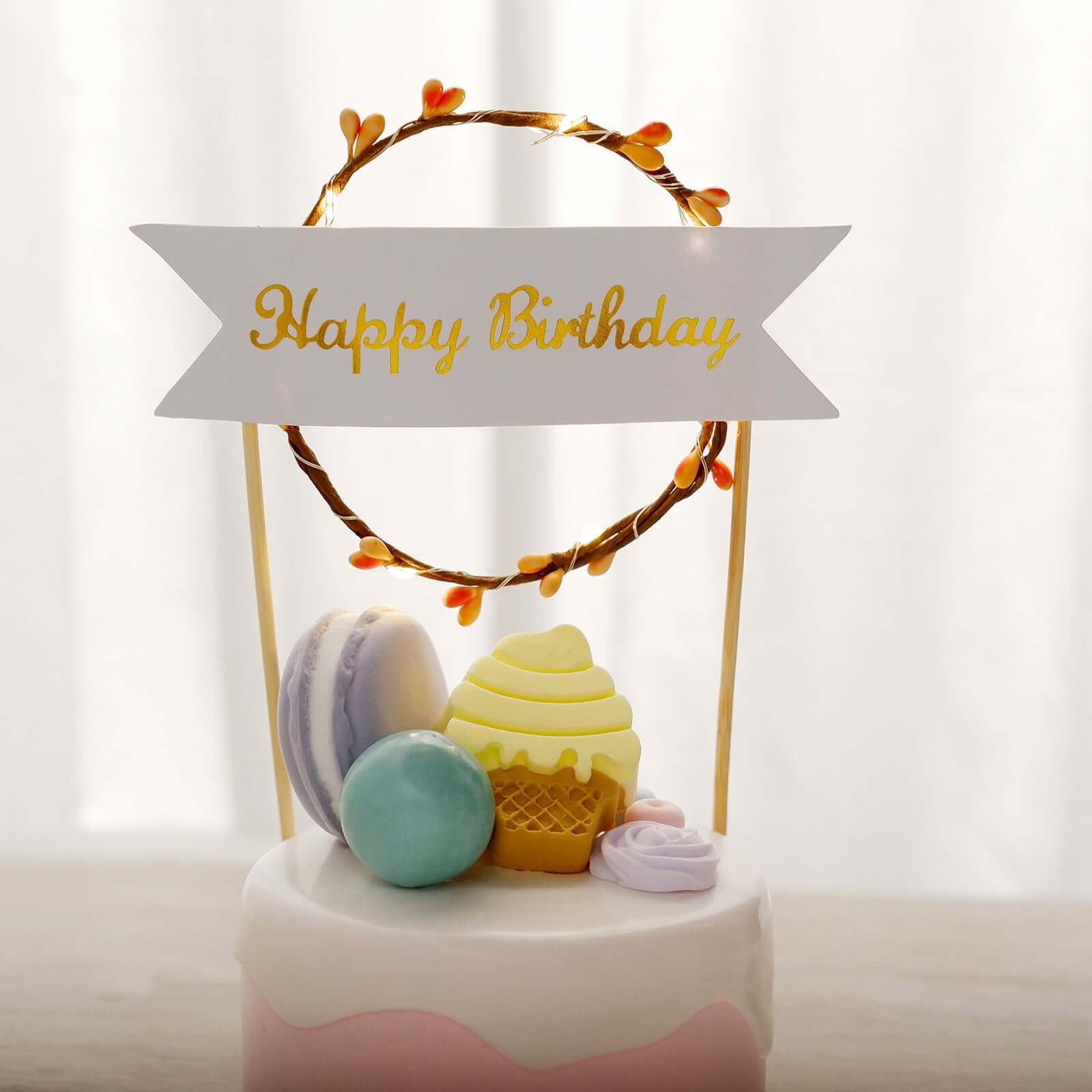 Light Up Happy Birthday Cake Topper Warm White LED - Luminous Blinking Mini Wreath Cake Decoration for Glamorous Birthday Parties & Events