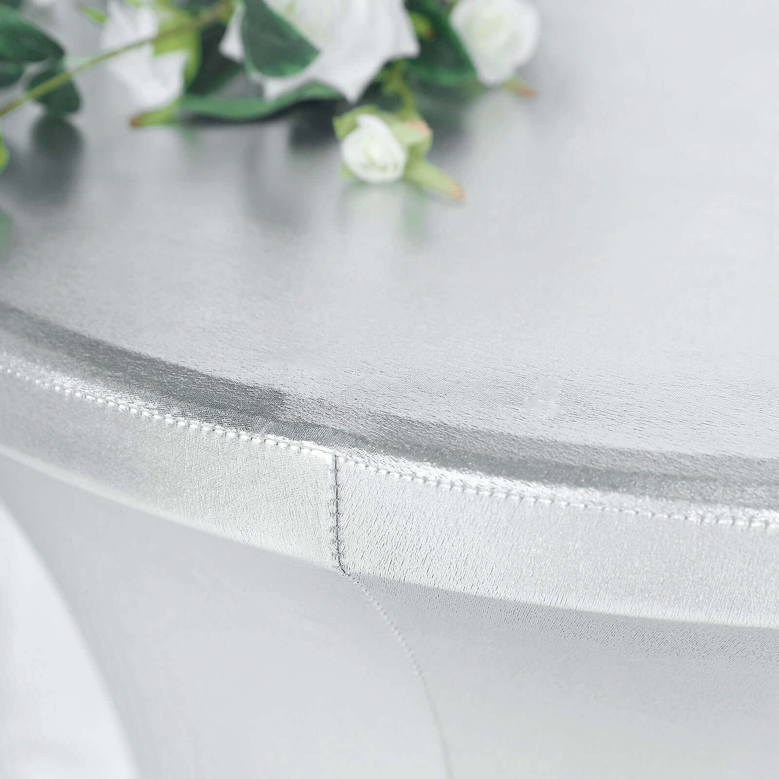 Metallic Spandex 32 Fitted Round Cocktail Table Cover Silver Highboy Tablecloth - Stretch Fit & Water-Resistant