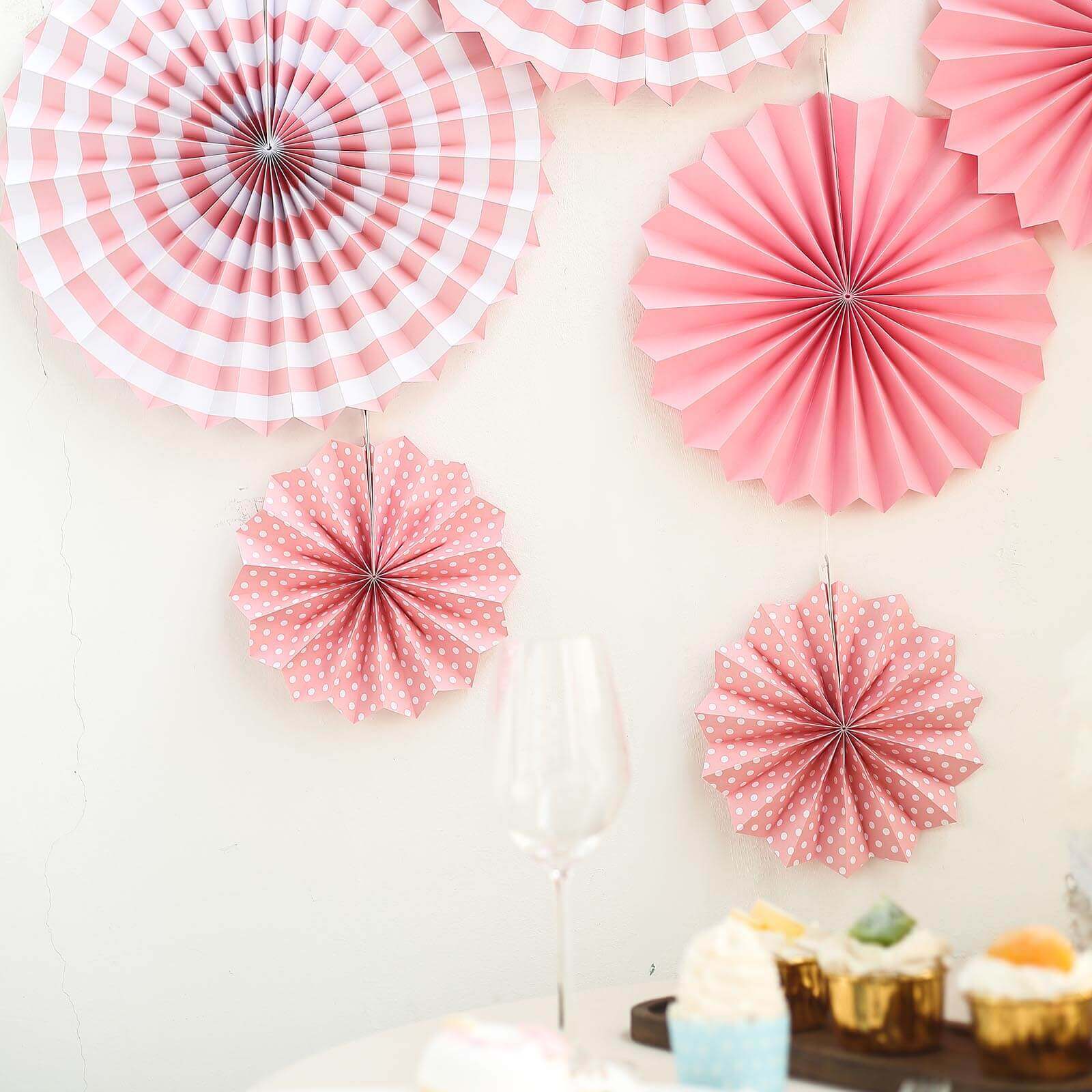 Set of 6 Pink Hanging Paper Fan Decorations, Pinwheel Wall Backdrop Party Kit - 8, 12, 16