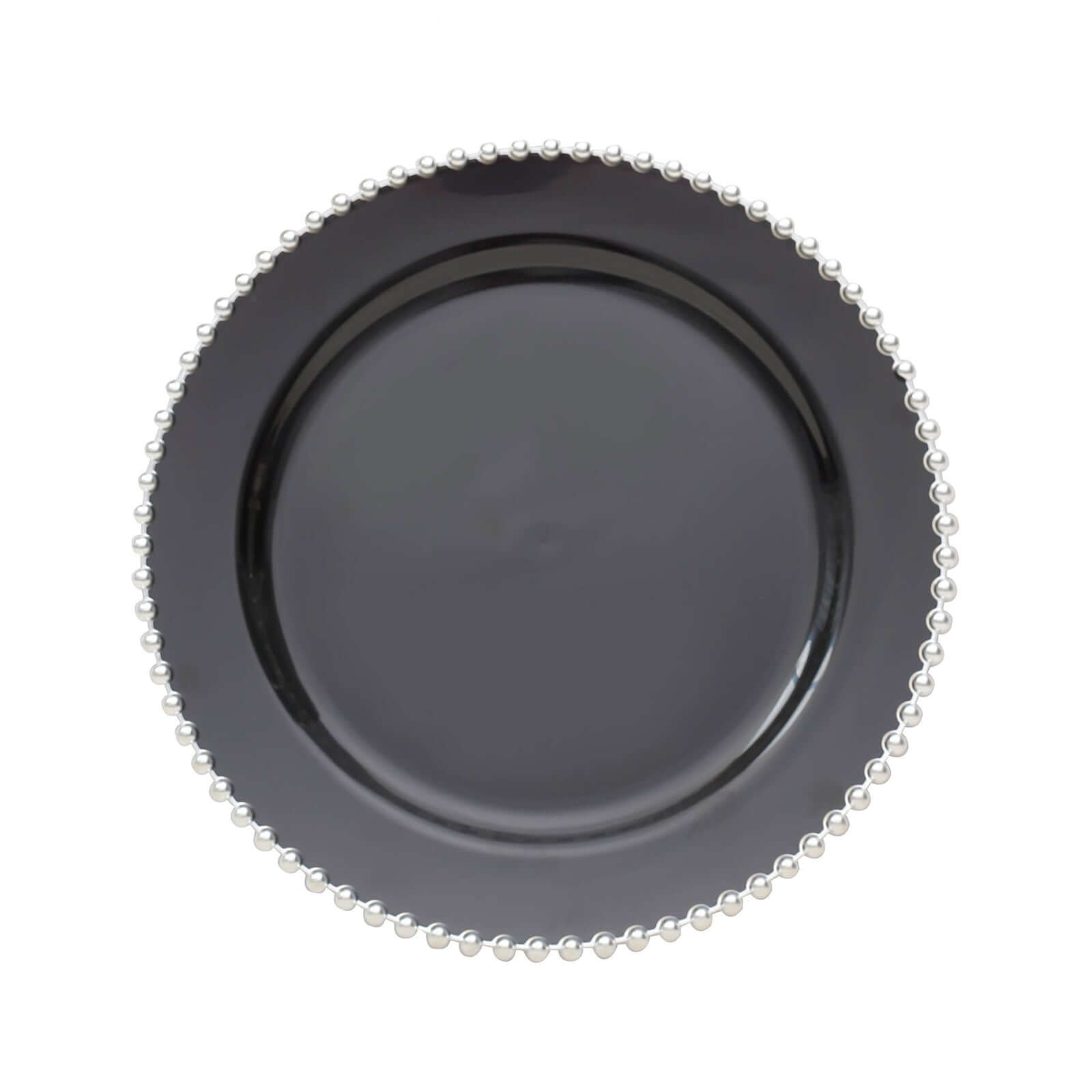 10-Pack Plastic 10 Round Dinner Plates in Black with Silver Beaded Rim - Disposable Party Plates