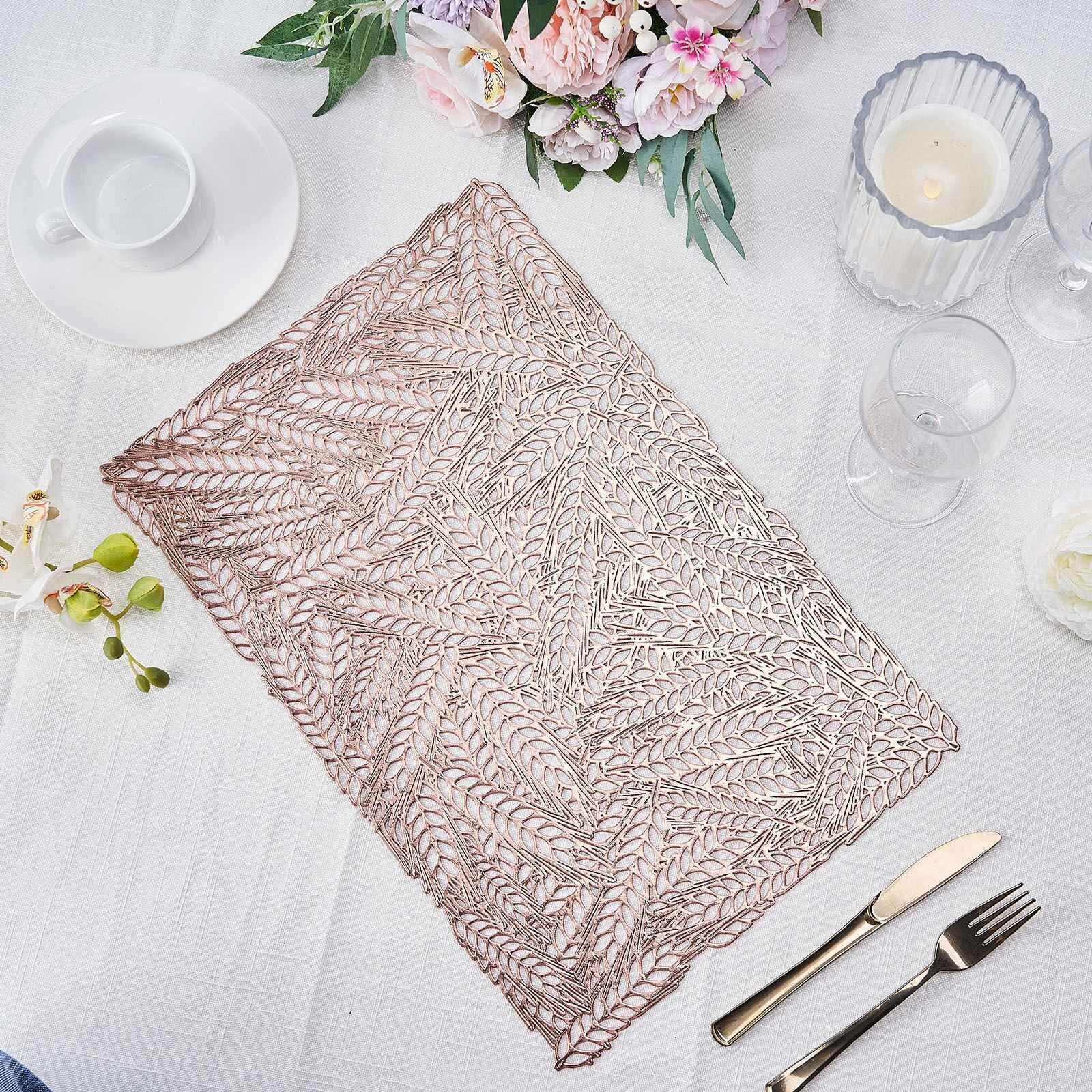 6-Pack Table Mats Wheat Design Rose Gold - Vinyl Rectangle Non-Slip Surface for Stylish Settings 12x18