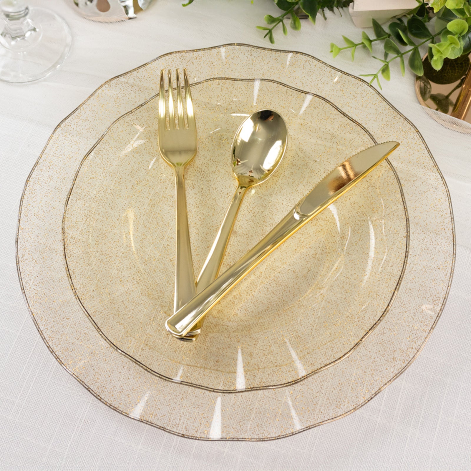 10-Pack Plastic 9 Round Dinner Plates in Gold Glitter with Ruffled Rim - Sturdy Disposable Dinnerware