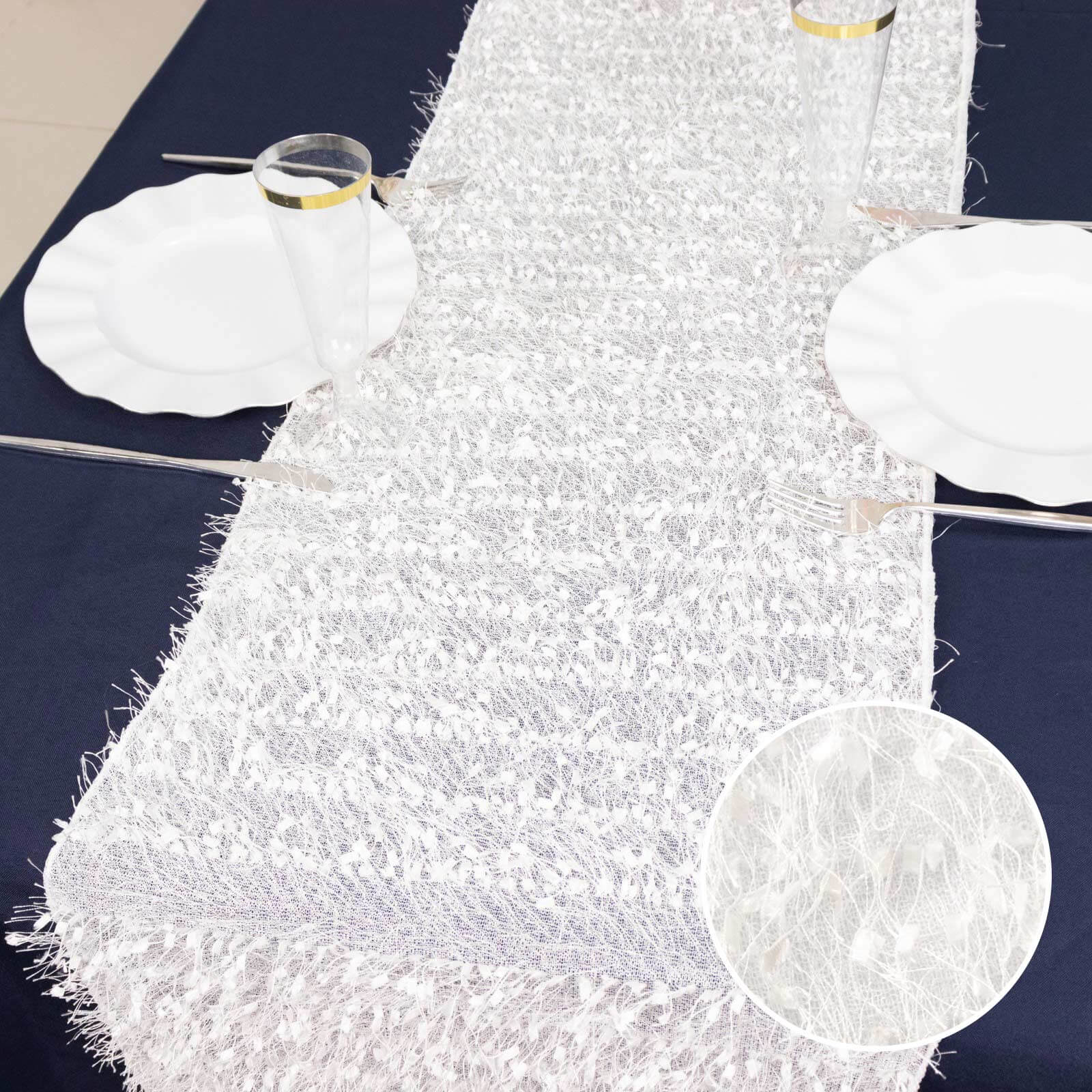 Polyester 12x108 Table Runner White - Fringe Shag Table Decor