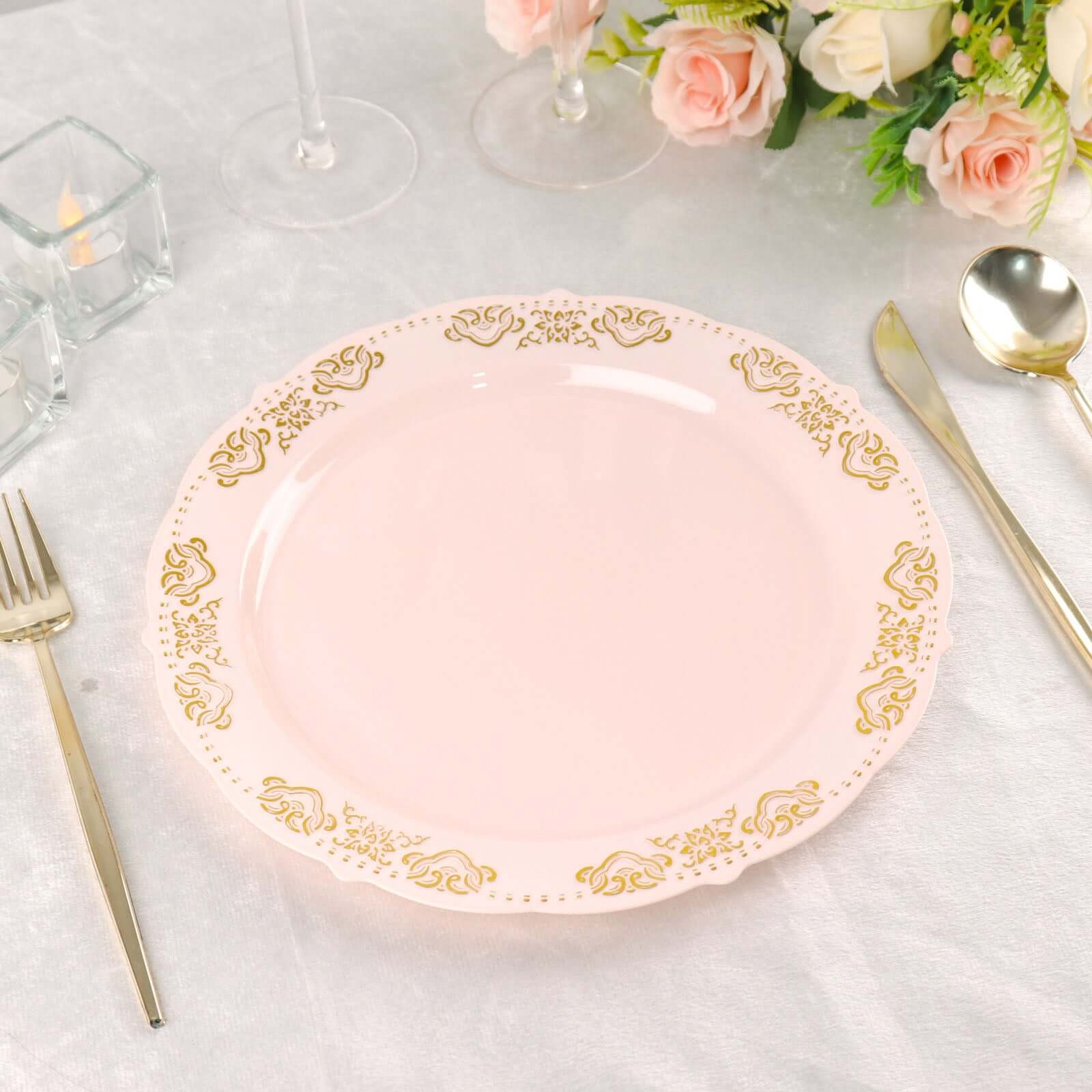 10-Pack Plastic 10 Round Dinner Plates in Blush with Gold Embossed Scalloped Edge - Chic Disposable Party Plates for Special Occasions & Banquets