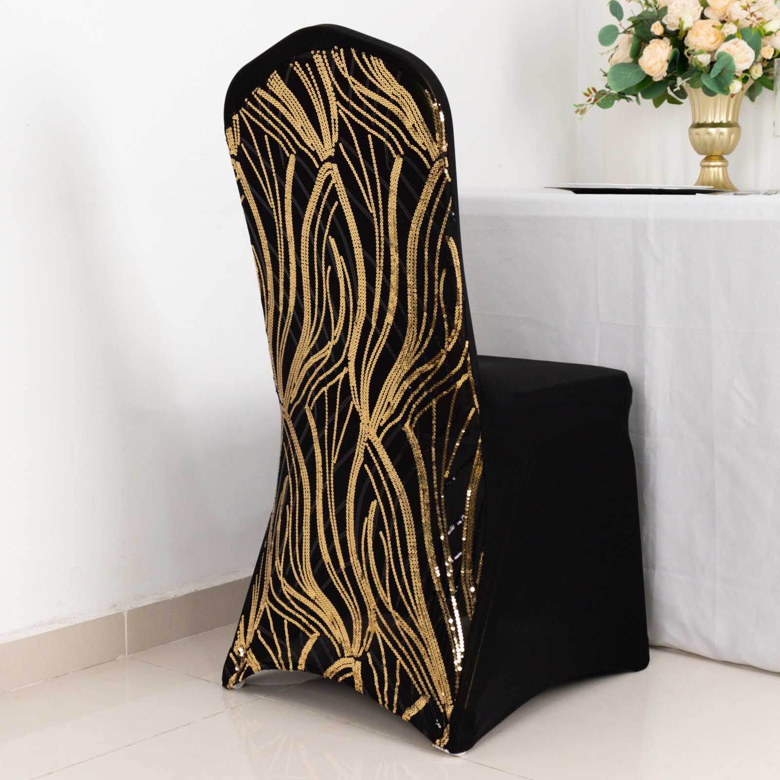 Spandex Chair Cover with Wave Embroidered Sequins for Banquet Chairs Black/Gold - Glittering Stretch Fitted Slipcover