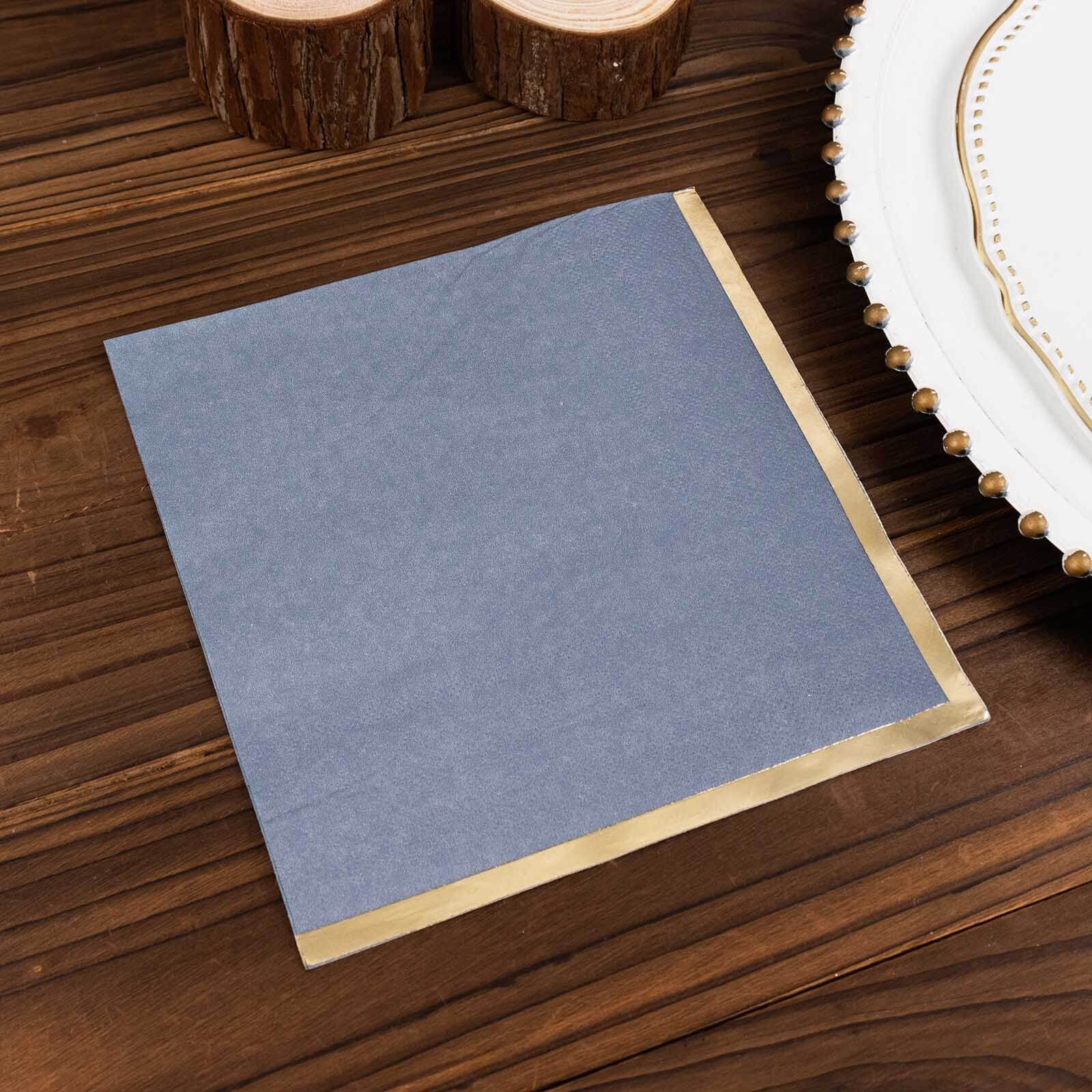 50-Pack Paper Beverage Napkins with Gold Foil Edge Dusty Blue - Disposable 2 Ply Cocktail Napkins for Events 6.5x6.5