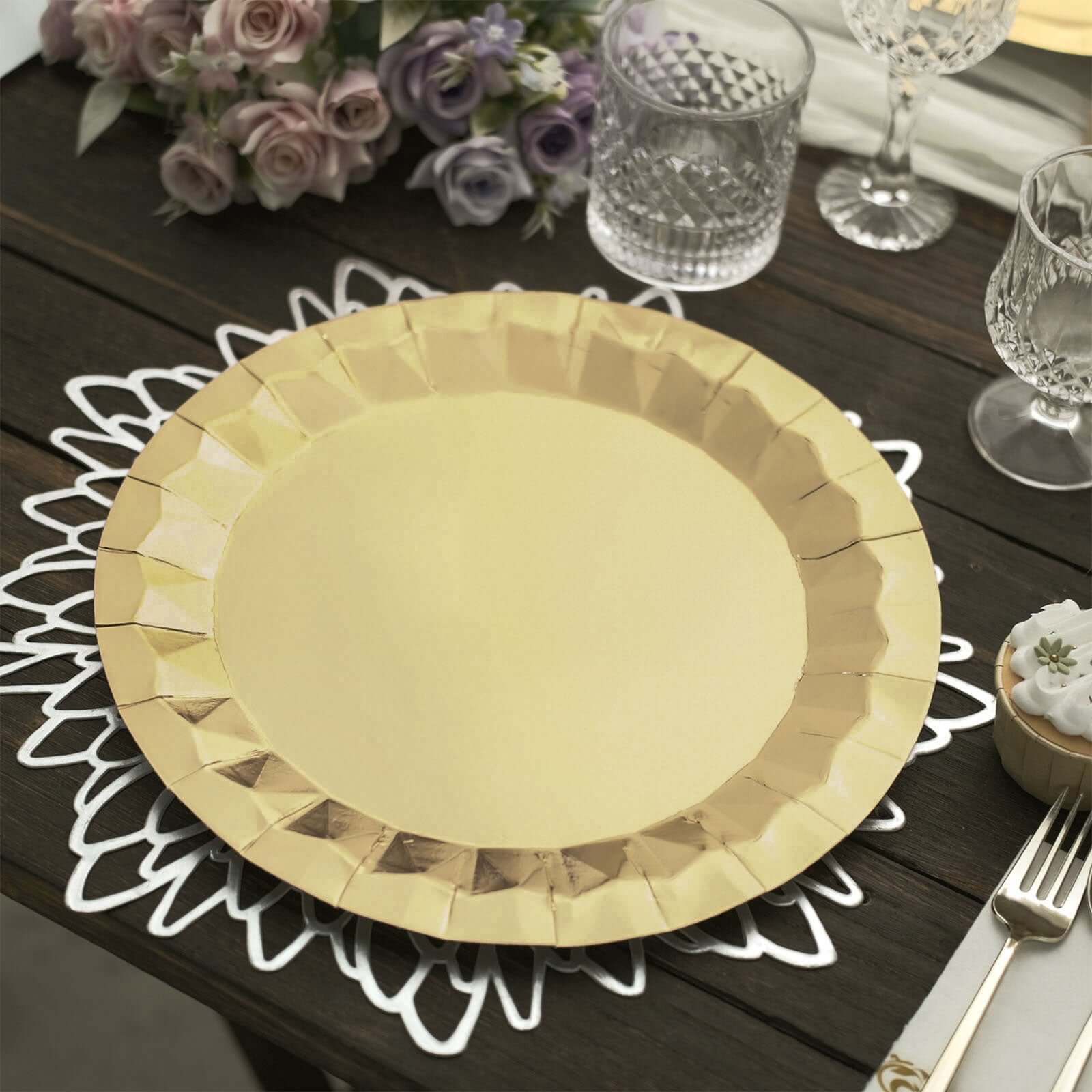 25-Pack Paper 12 Round Charger Plates in Metallic Gold with Geometric Prism Design - Disposable 400GSM Serving Trays for Stylish Banquets & Celebrations