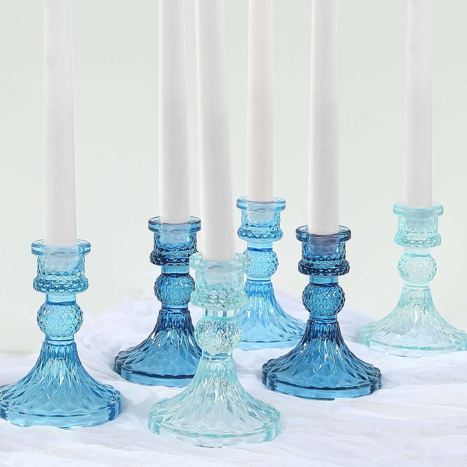 6-Pack Glass Taper Candlestick Holders Diamond Pattern Design Assorted Blue - Reversible Crystal Pillar Votive Stands 4