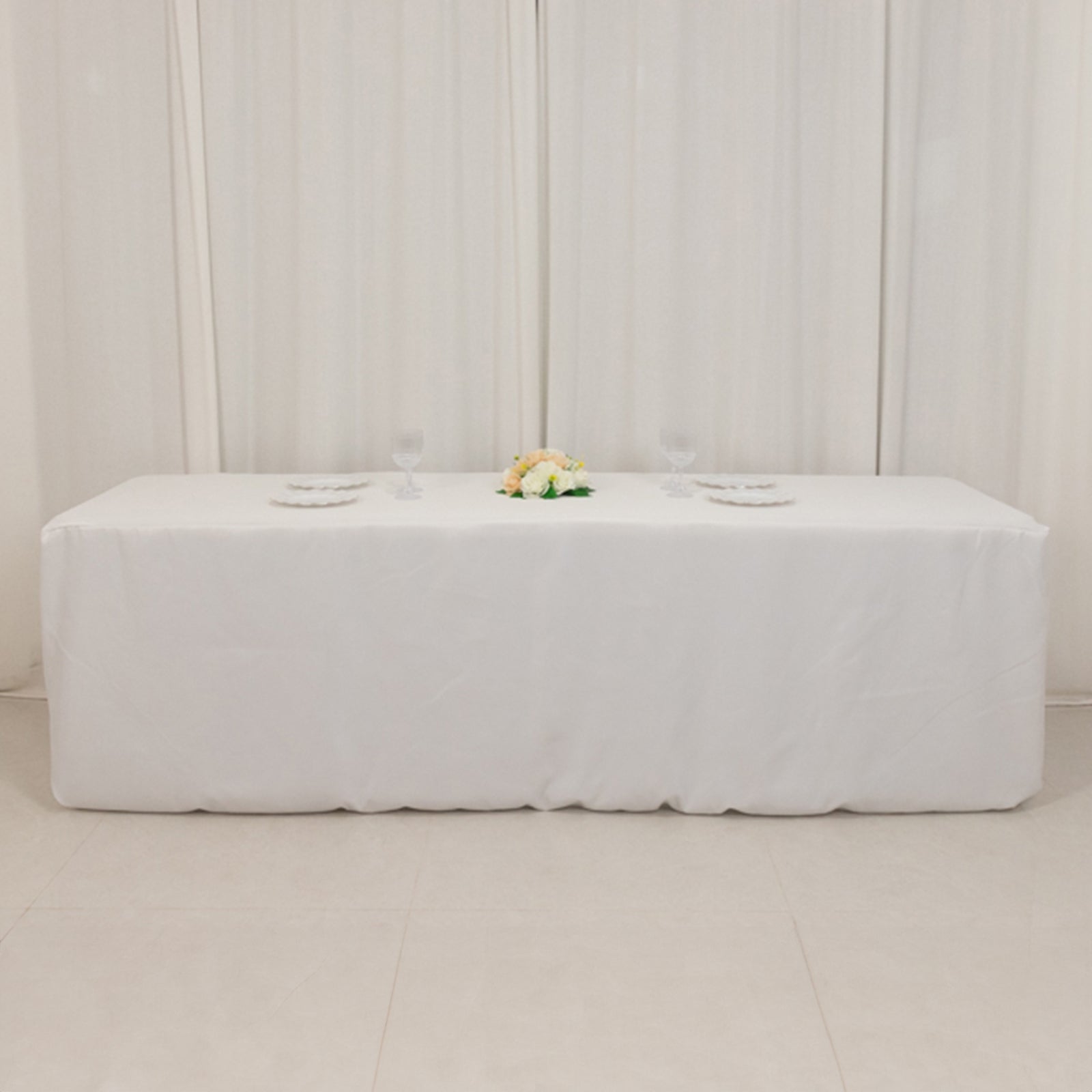 Fire Retardant Premium Polyester 8ft Rectangular Tablecloth White Fitted High-Performance Table Cover for Large Gatherings