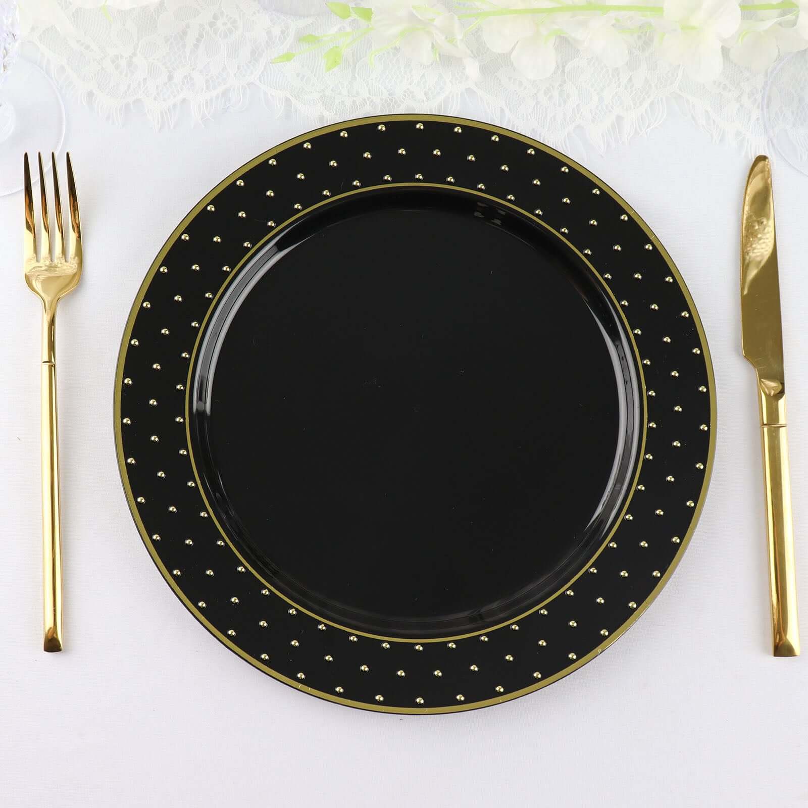 10-Pack Plastic 10 Round Dinner Plates in Black with Gold 3D Polka Dotted Rim - Sturdy Disposable Party Plates for Modern Themed Events & Banquets