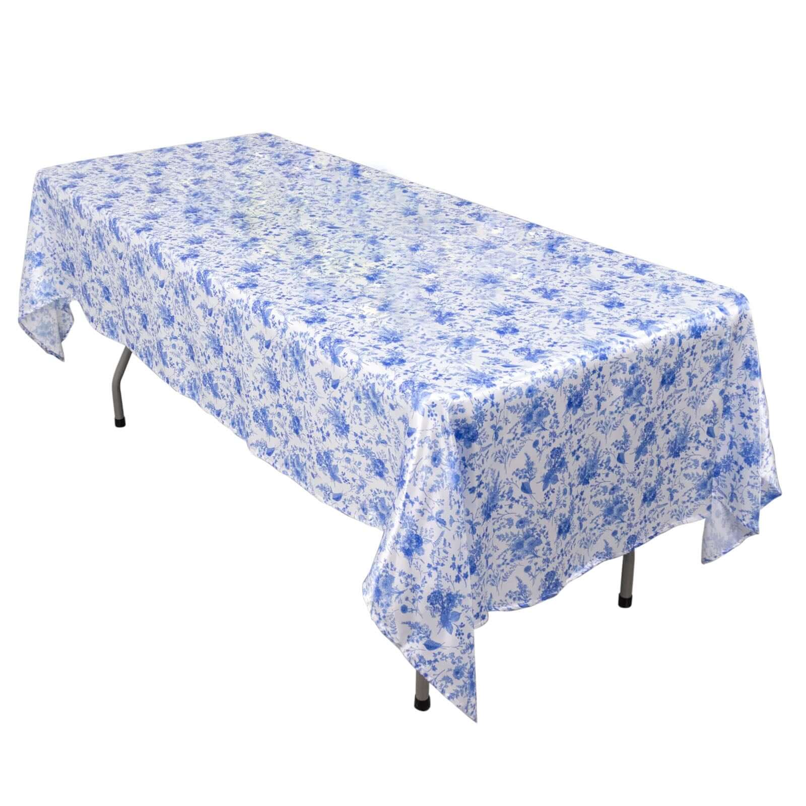 Satin Round 60x102 Tablecloth White/Blue French Toile Design - Stylish & Wrinkle-Resistant Table Cover