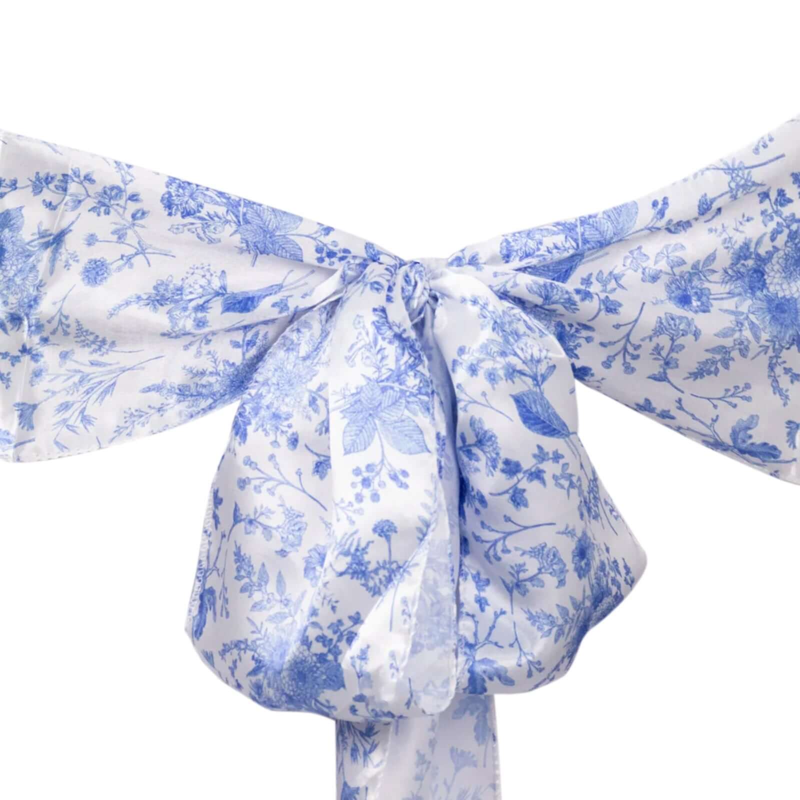 5 Pack Satin Chair Sashes White/Blue French Toile Floral Pattern - Wrinkle-Resistant & Reusable Chair Bows for Effortless Event Setup 6x108