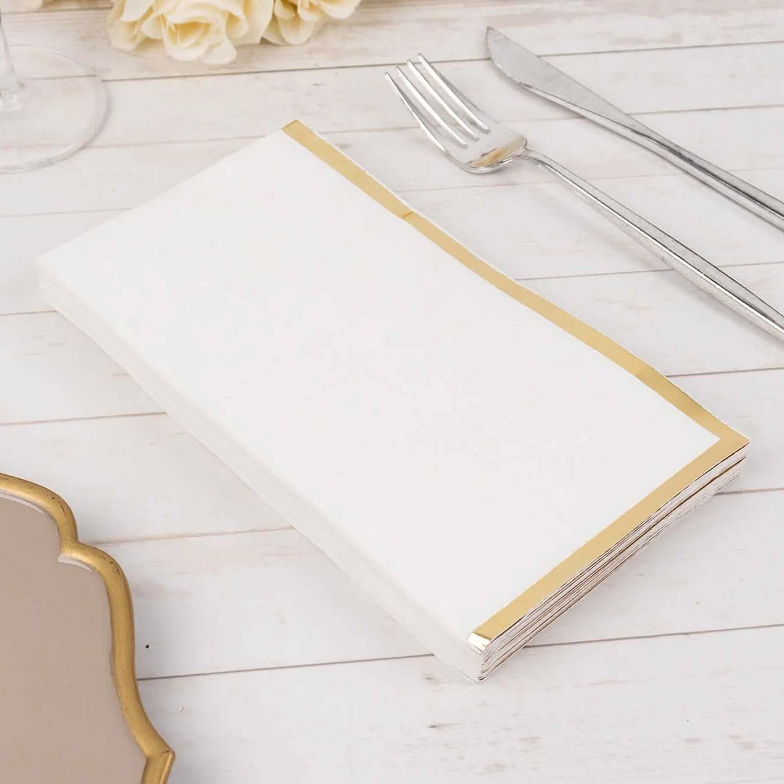 50-Pack Paper Dinner Napkins White with Gold Foil Edge 2 Ply - Stylish Disposable Napkins for Parties