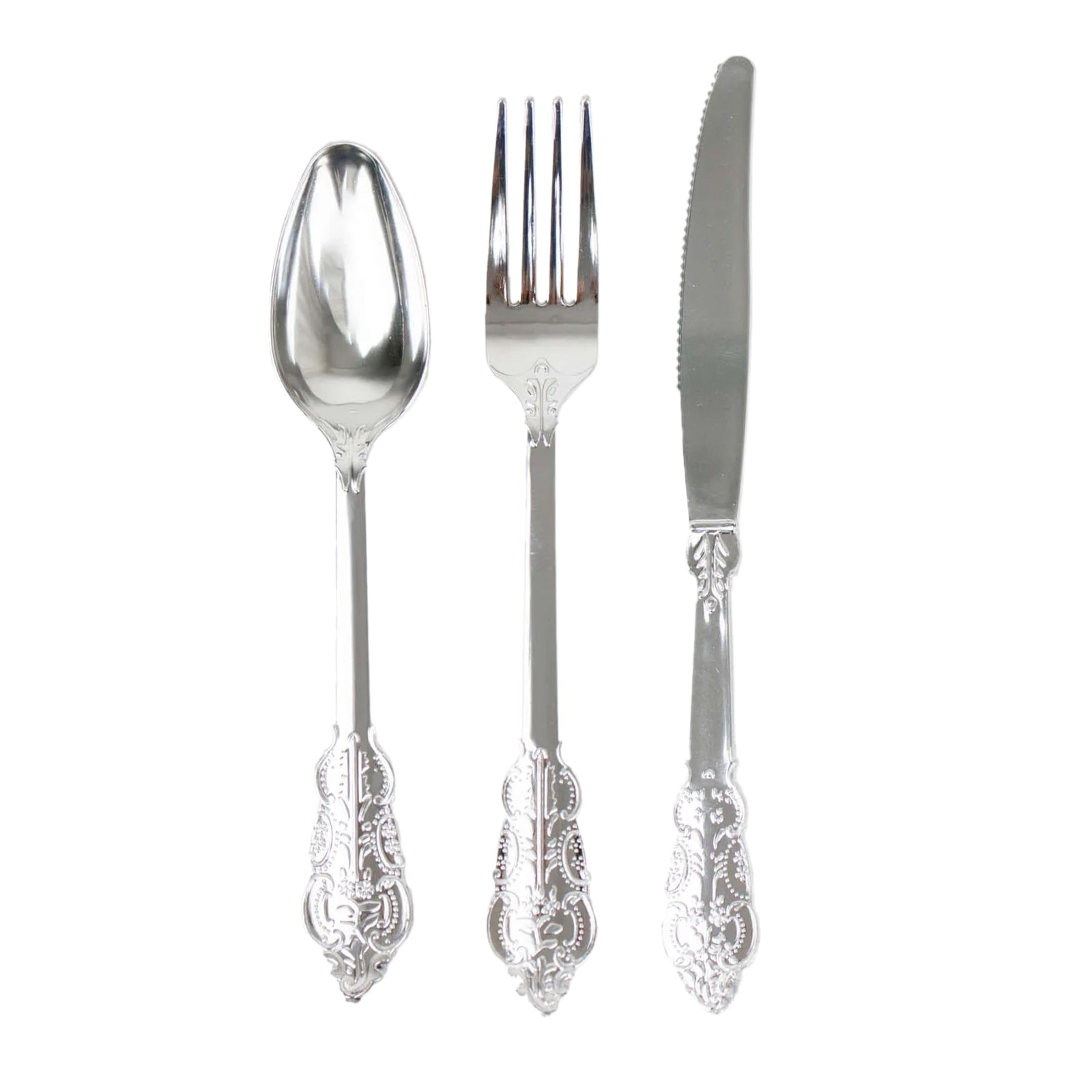 72 Pcs Plastic Silverware Set in Baroque Style Metallic Silver - Heavy Duty Disposable Knife, Fork, and Spoon Set