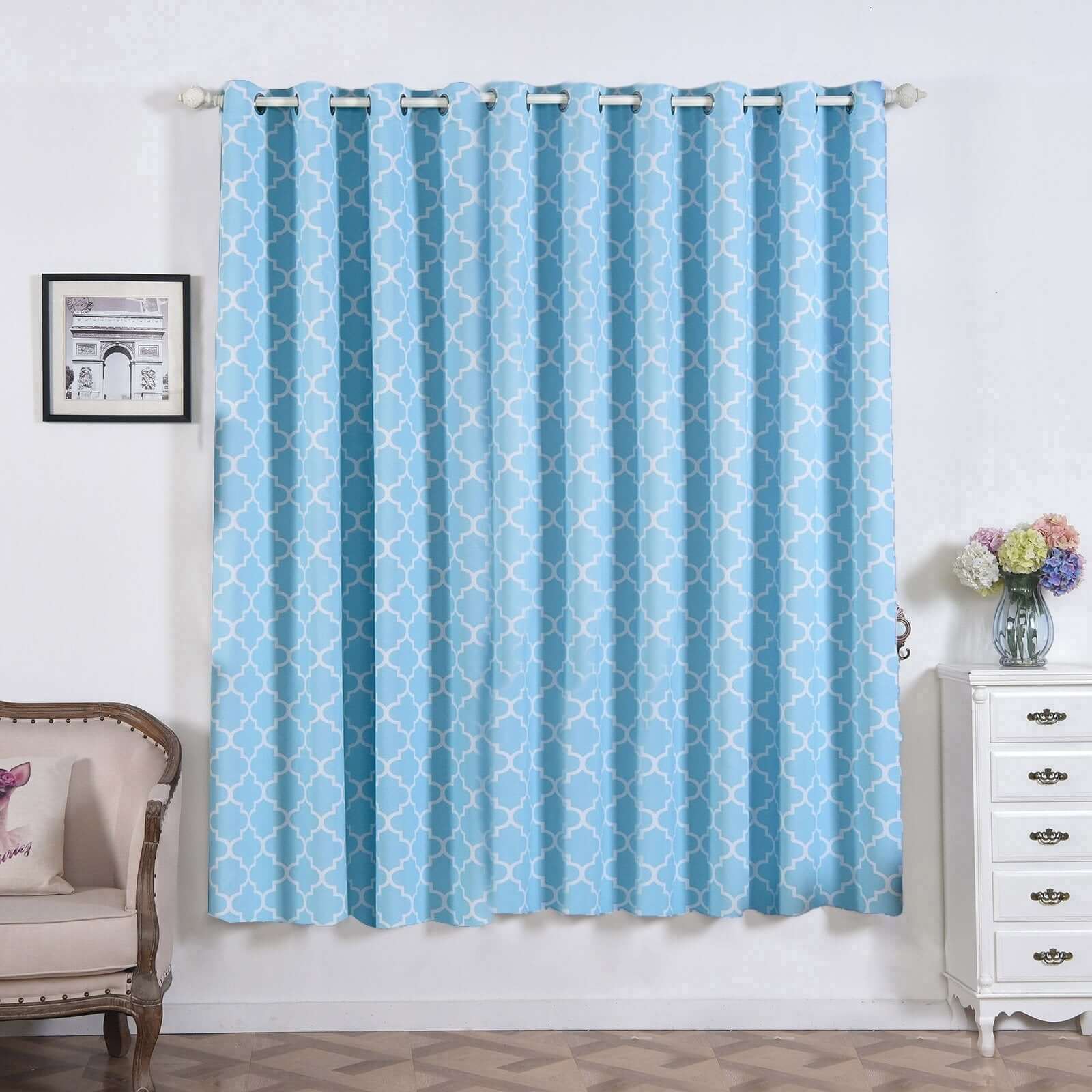 2 Pack Blue White Room Darkening Noise Canceling Curtain Panels With Grommet, Trellis Curtains 52x84 - Clearance SALE