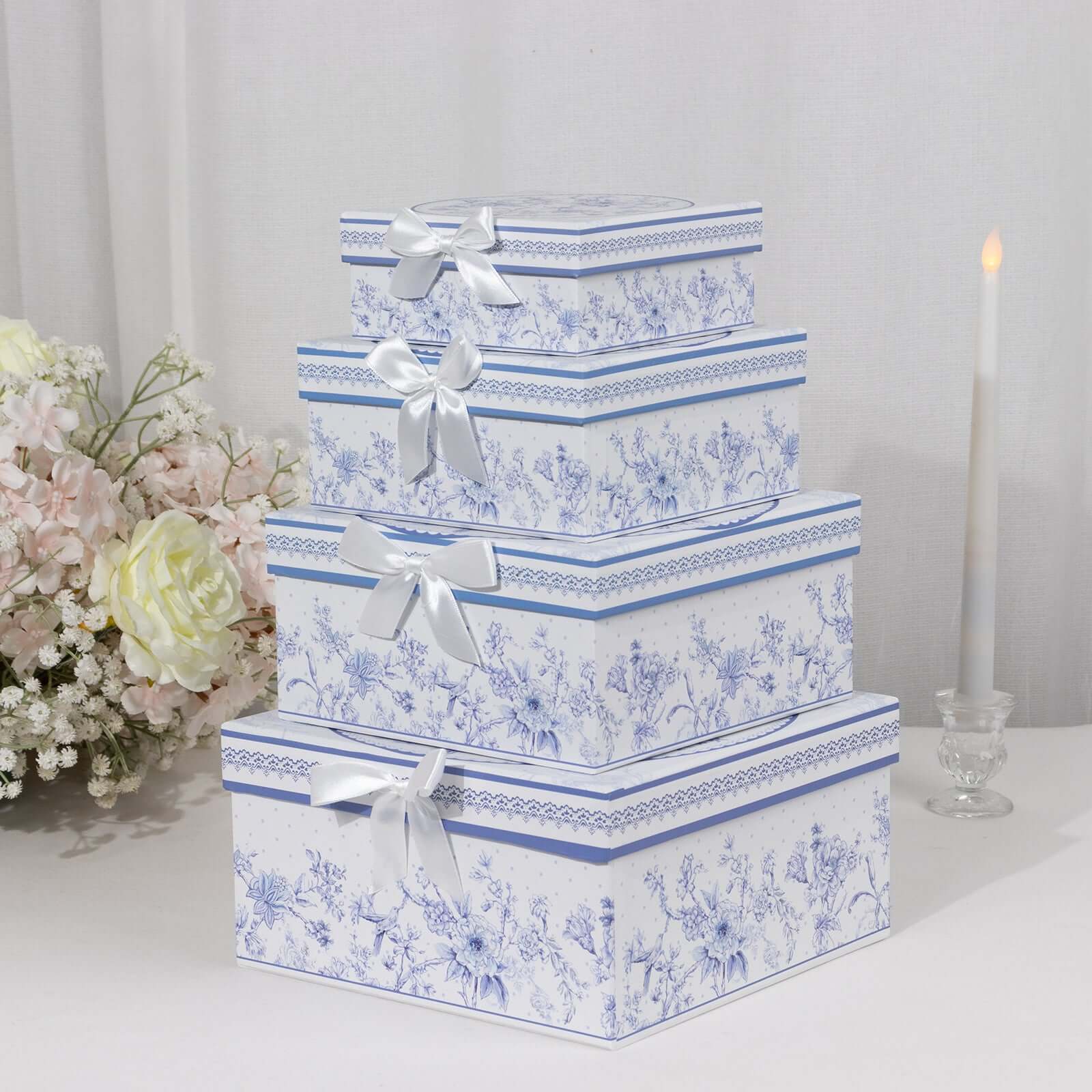 Set of 4 Cardstock Round Nesting Gift Boxes White Blue French Toile Design - Decorative Heavy Duty Stackable Keepsake Boxes With Lids for Presents Storage & Pedestal Stand 5,7,8,9