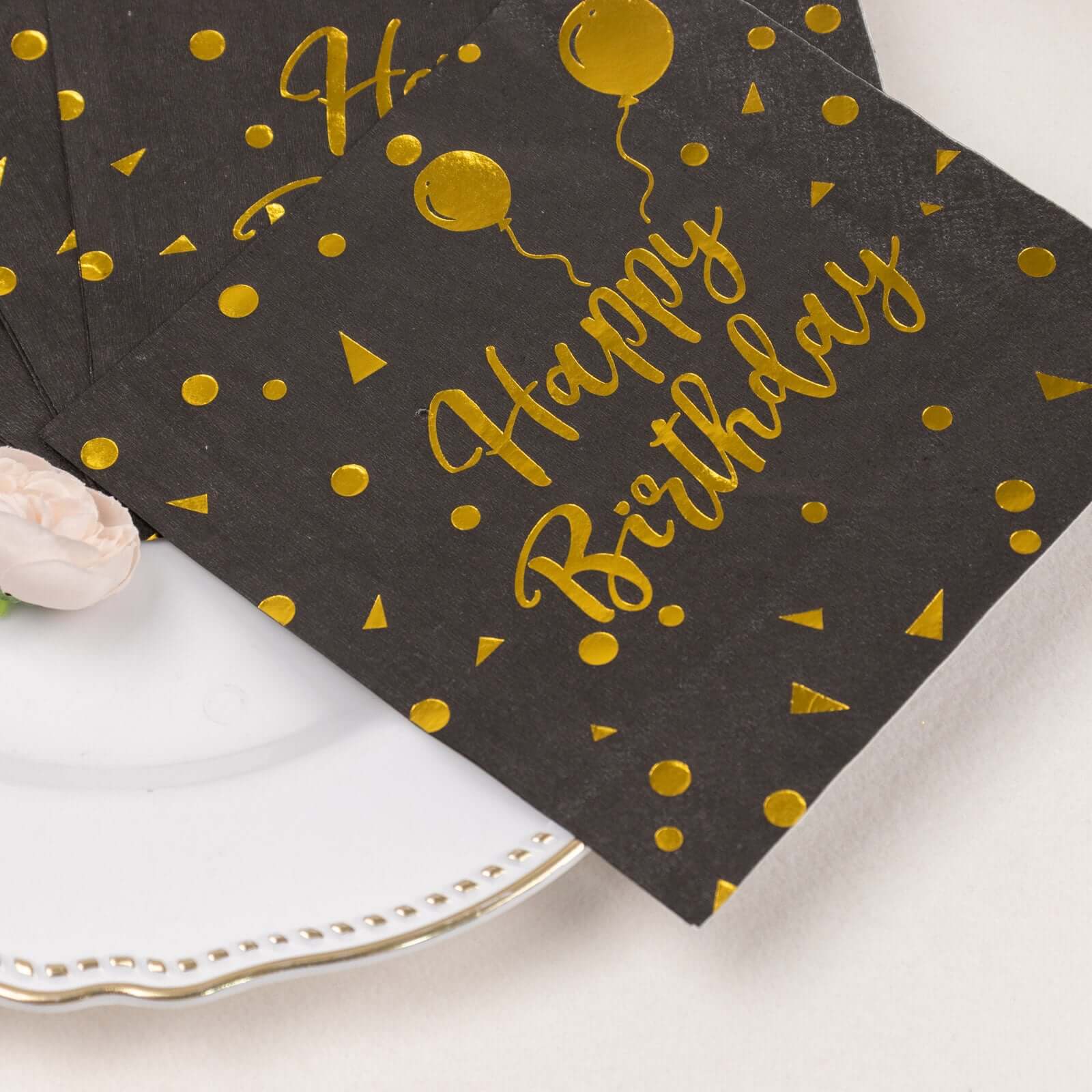 20-Pack Paper Beverage Napkins with Happy Birthday Foil Print Black/Gold - 2 Ply Disposable 18GSM Soft Party Napkins 6.5x6.5
