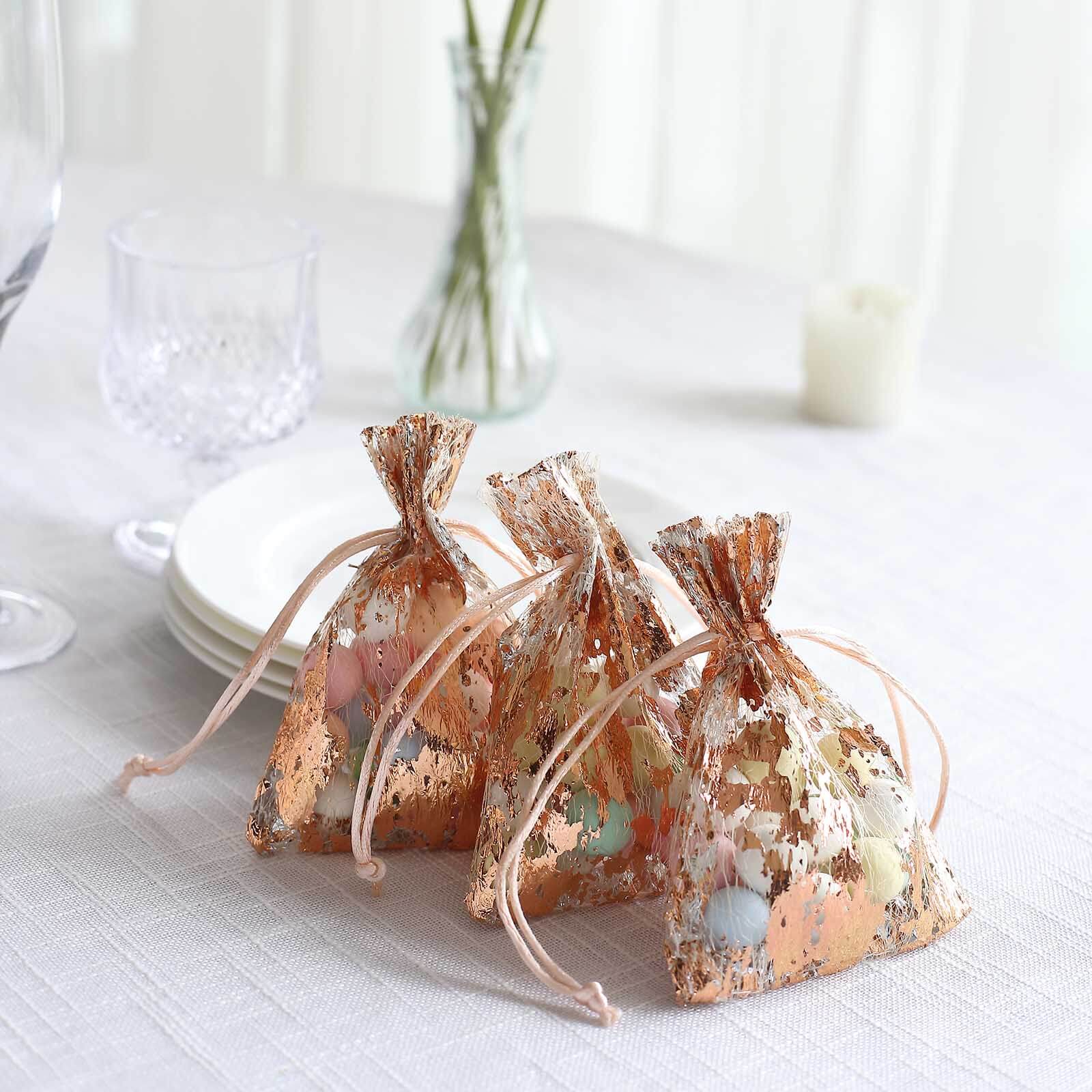 12 Pack Metallic Rose Gold Foil Polyester Drawstring Candy Bags, Wedding Party Favor Bags - 4x5