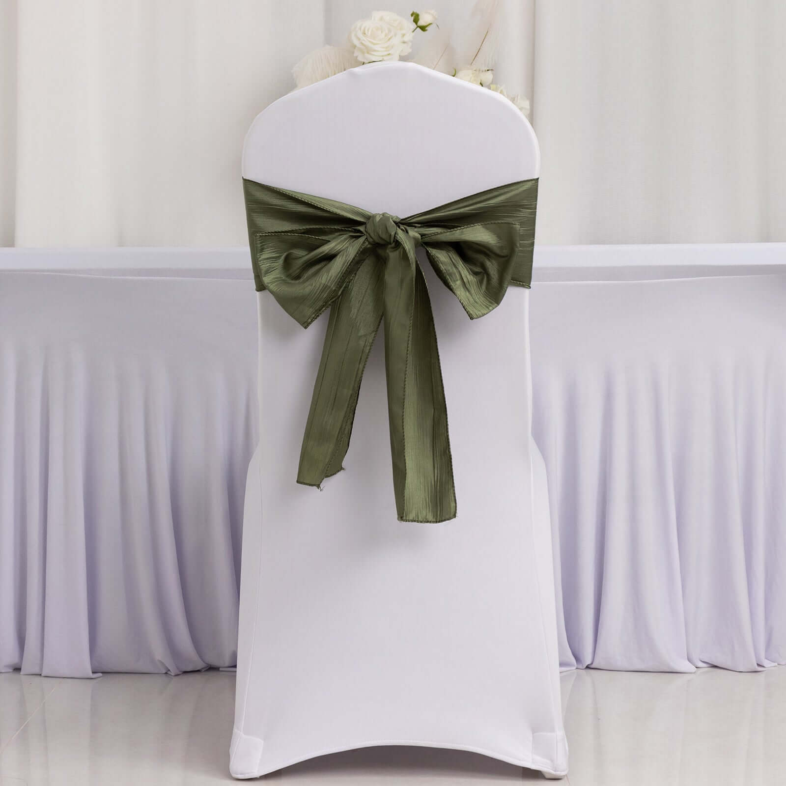 5 Pack Taffeta 6x106 Chair Sashes Dusty Sage Green Accordion Crinkle Texture - Stylish Decor for Weddings & Gatherings