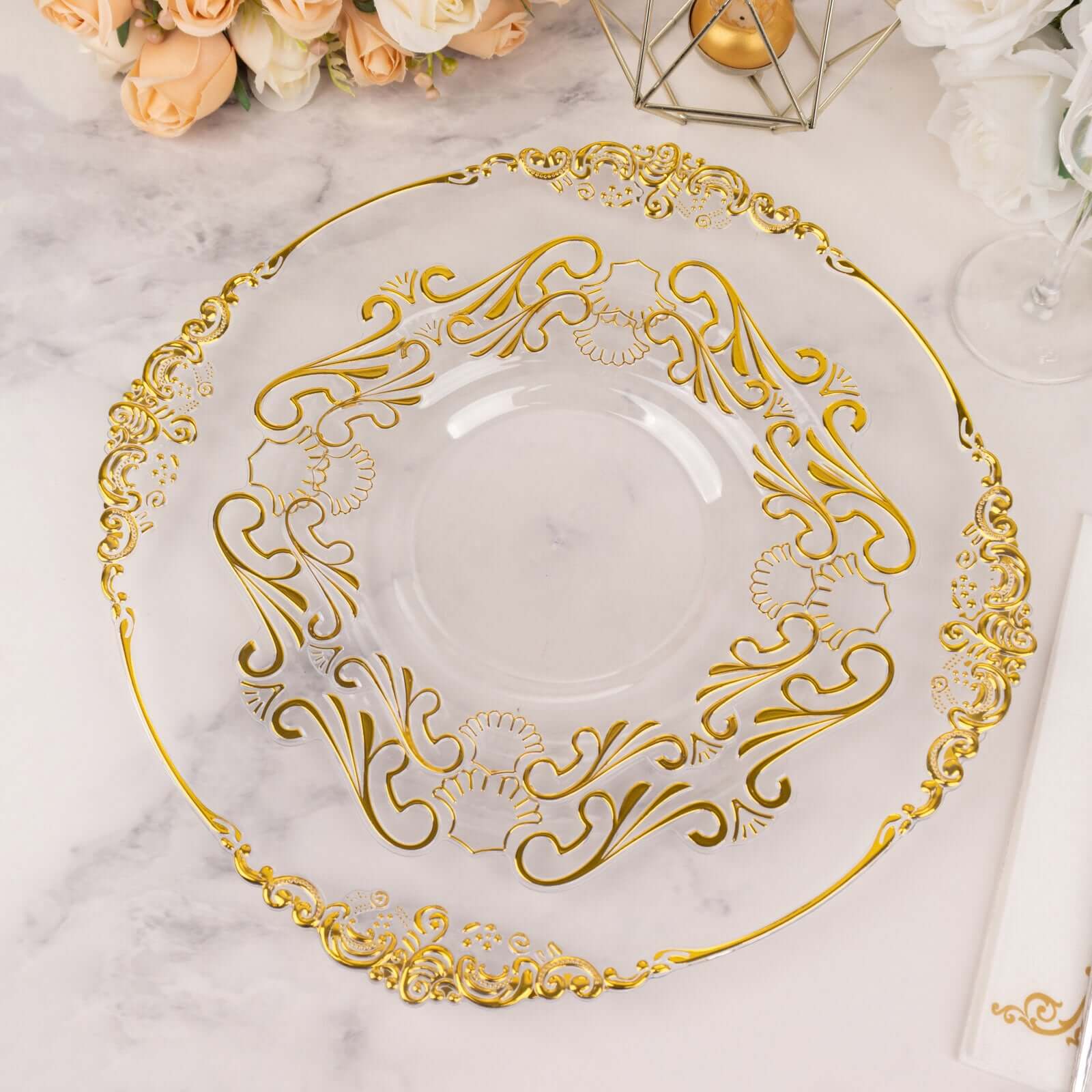 10-Pack Plastic 8 Round Dessert Plates in Clear with Gold Vintage Baroque Scalloped Rim - European Style Disposable Salad Appetizer Plates