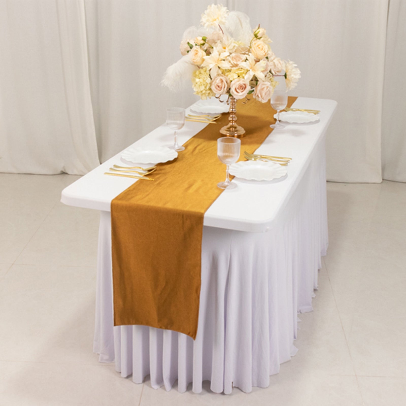 Premium Scuba Polyester 12x108 Table Runner Shimmer Gold - Wrinkle-Free Table Linen for Events and Banquets