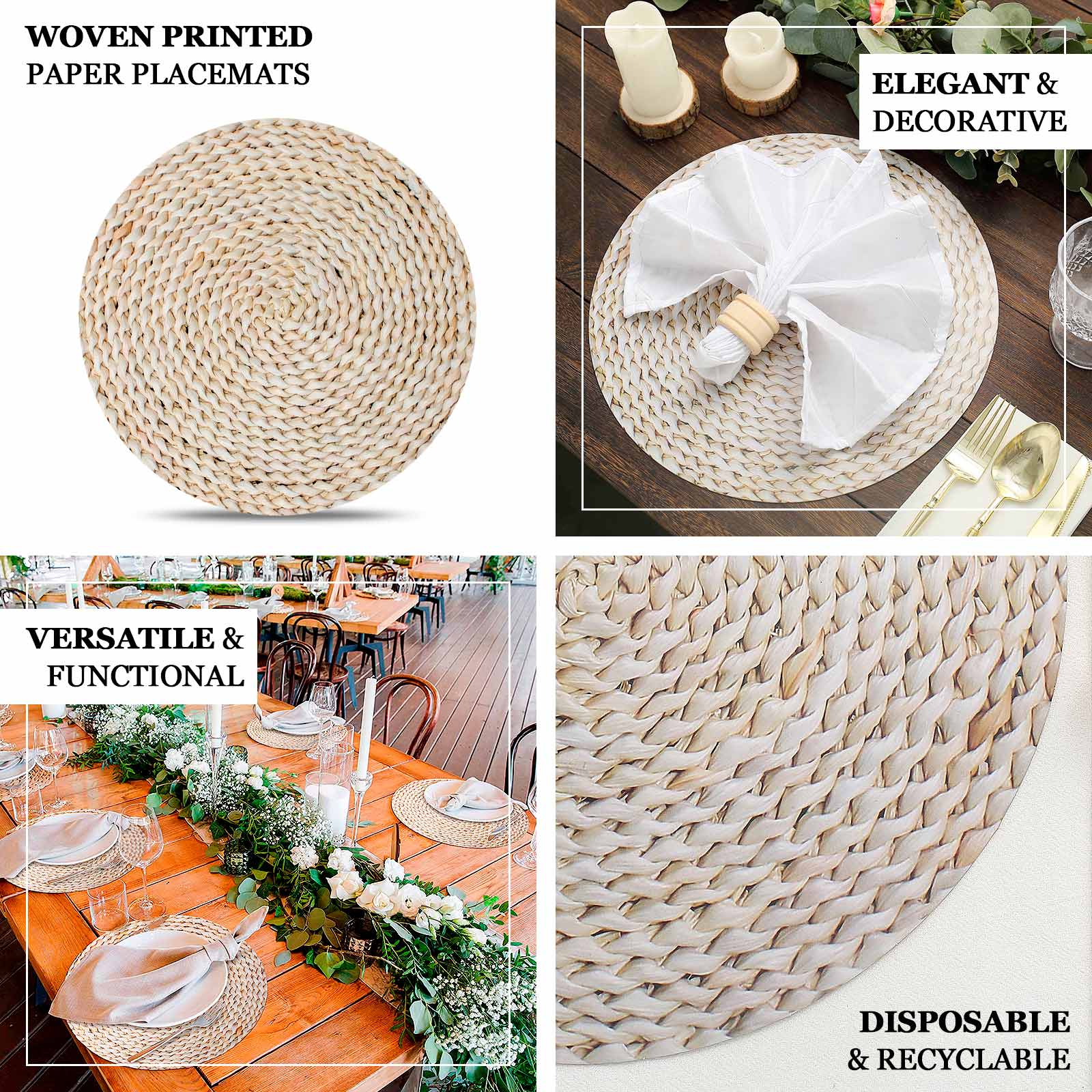 6-Pack Disposable Table Placemats in Wheat with Woven Rattan Print - 700GSM Cardboard Placemats for Rustic Themes & Outdoor Events 13