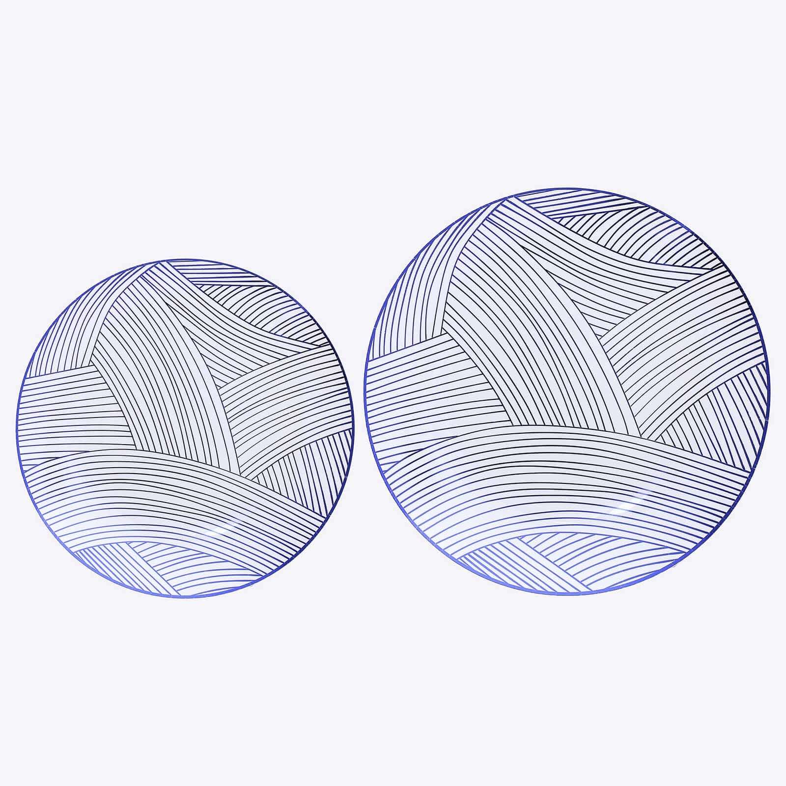 10-Pack Plastic 10 Round Dinner Plates in White with Blue Wave Brush Strokes Pattern - Disposable Party Plates