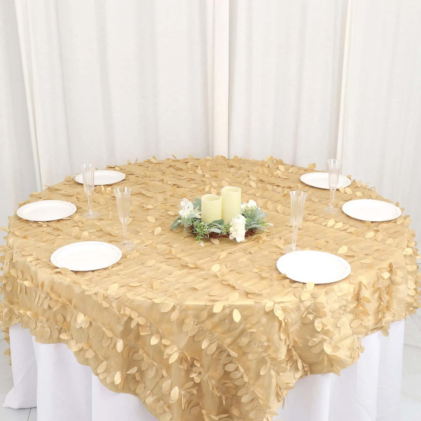 Taffeta 90x90 Table Overlay Square Tablecloth Champagne - Leaf Petal Design for Stylish Celebrations