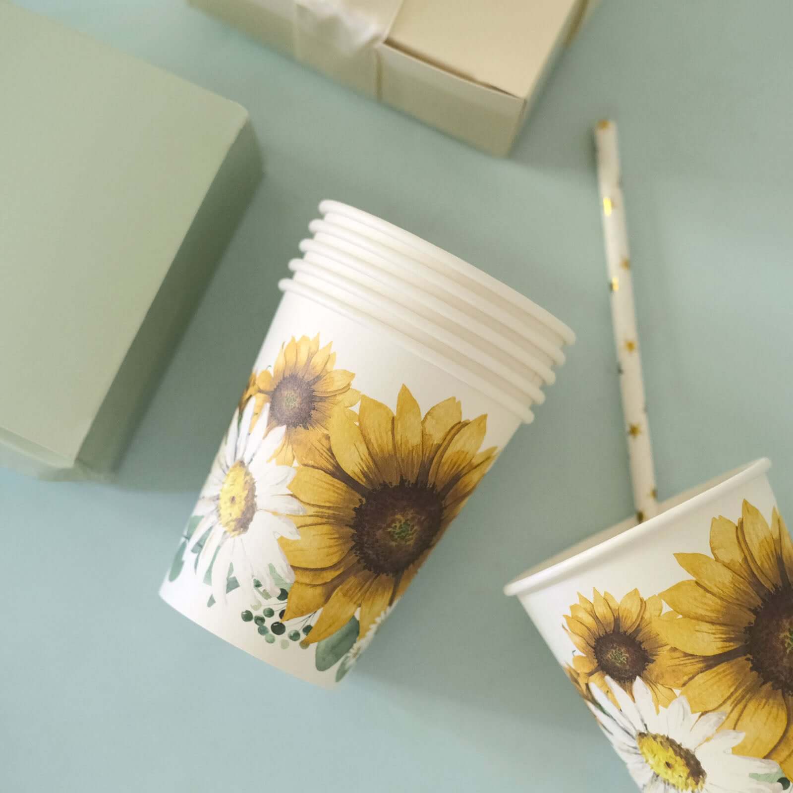 24-Pack Paper Cups in White with Yellow Sunflower Print - Stylish Disposable Party Cups for Hot & Cold Beverages 10oz