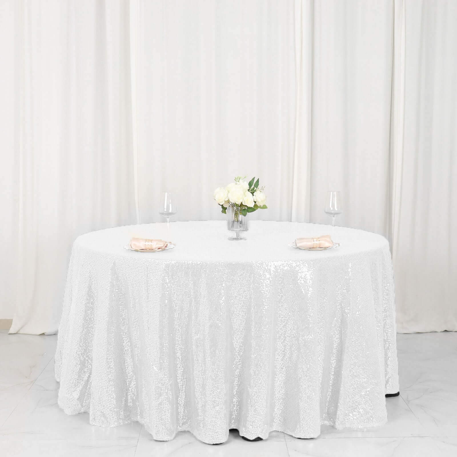 Sequin 120 Round Tablecloth White - Seamless Glittering Design for Sophisticated Events