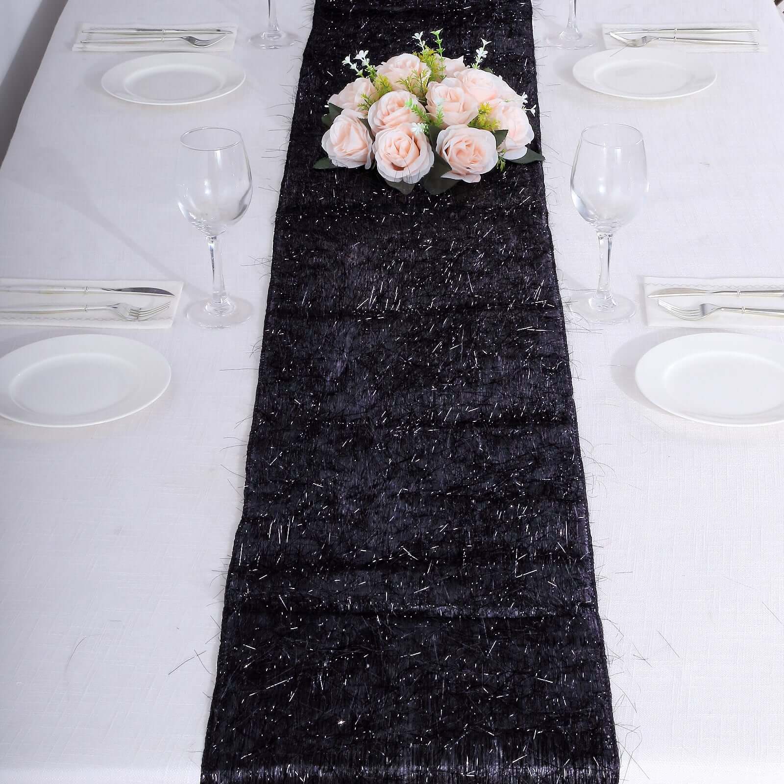 Metallic Tinsel Polyester 12x108 Table Runner Black - Shimmery Fringe Shag Table Decor