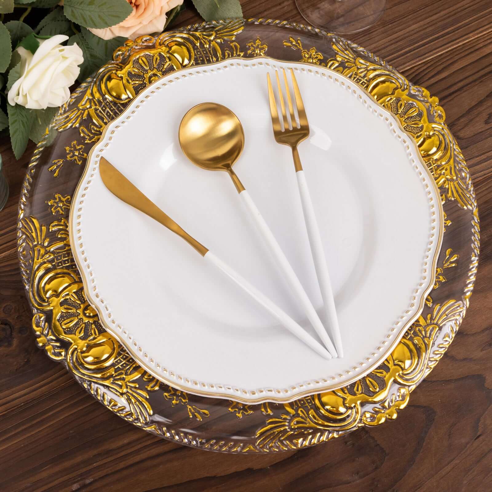 6-Pack Plastic Round Charger Plates 13 in Clear with Gold Florentine Embossed Rim, Exquisite Dinner Serving Plates