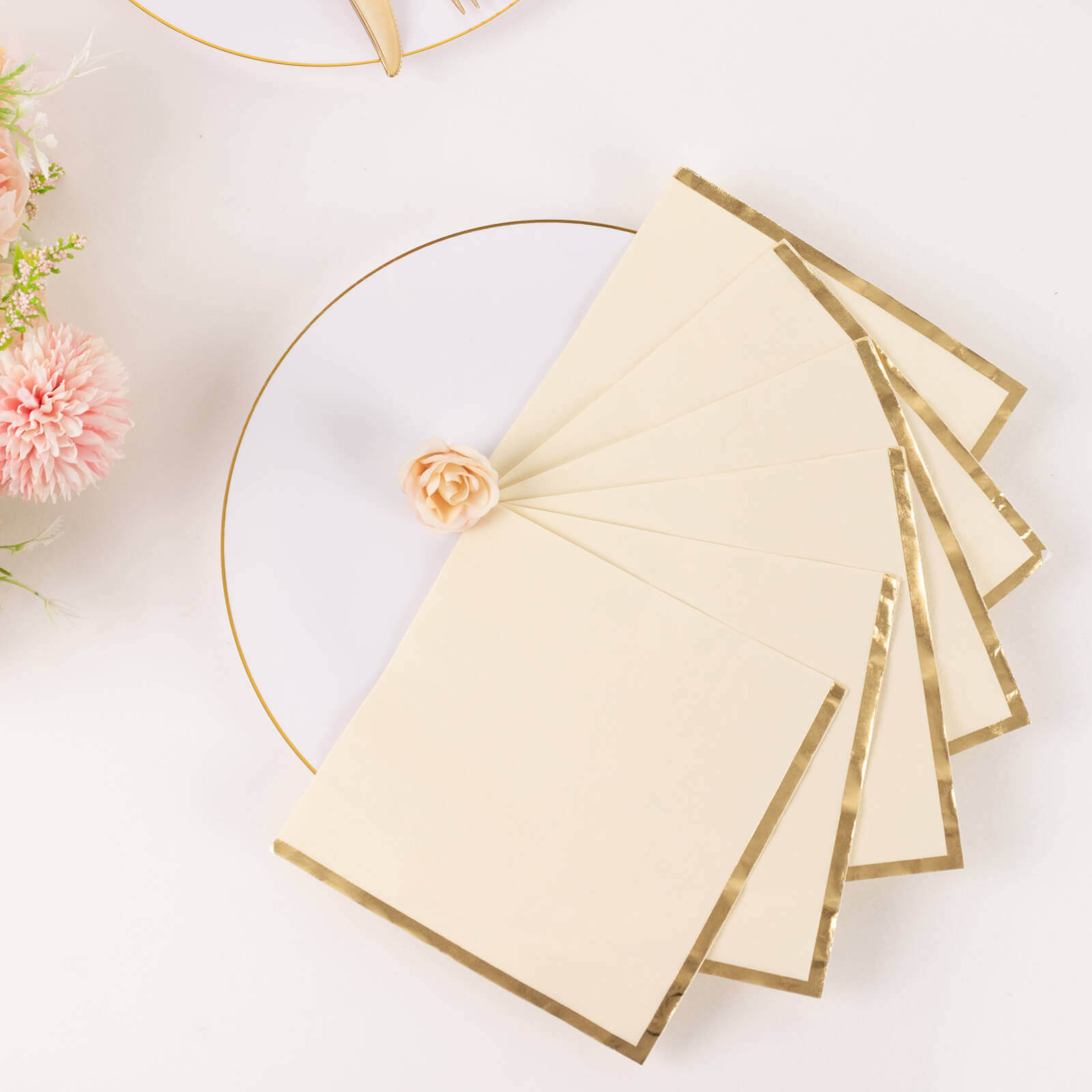 50-Pack Paper Beverage Napkins with Gold Foil Edge Ivory - Disposable 2 Ply Cocktail Napkins for Events 6.5x6.5