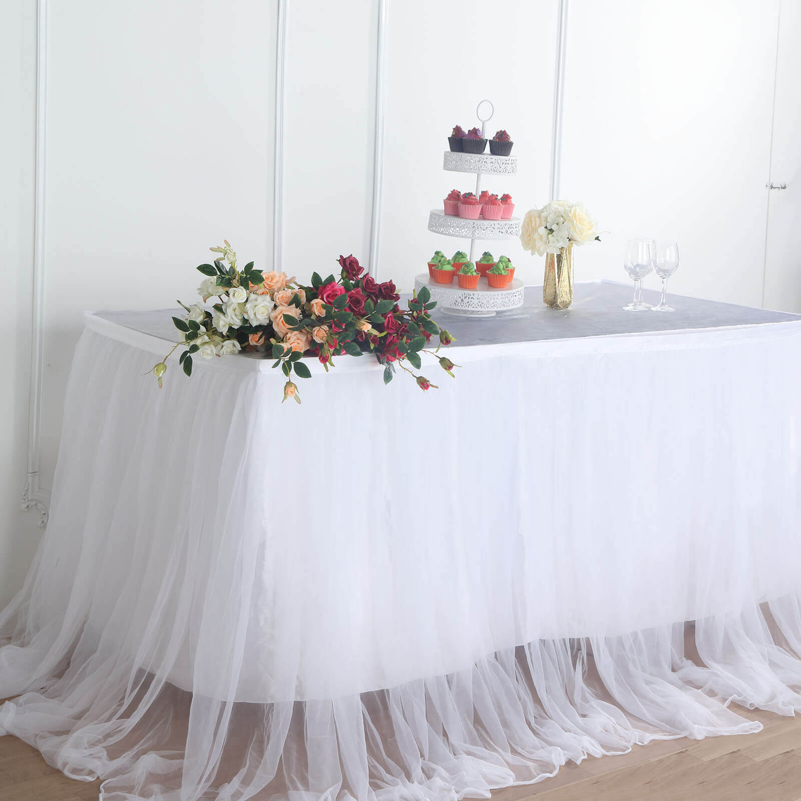 Extra Long Tulle 17ft Table Skirt White with Satin Edge - Table Cover for Baby Showers & Events