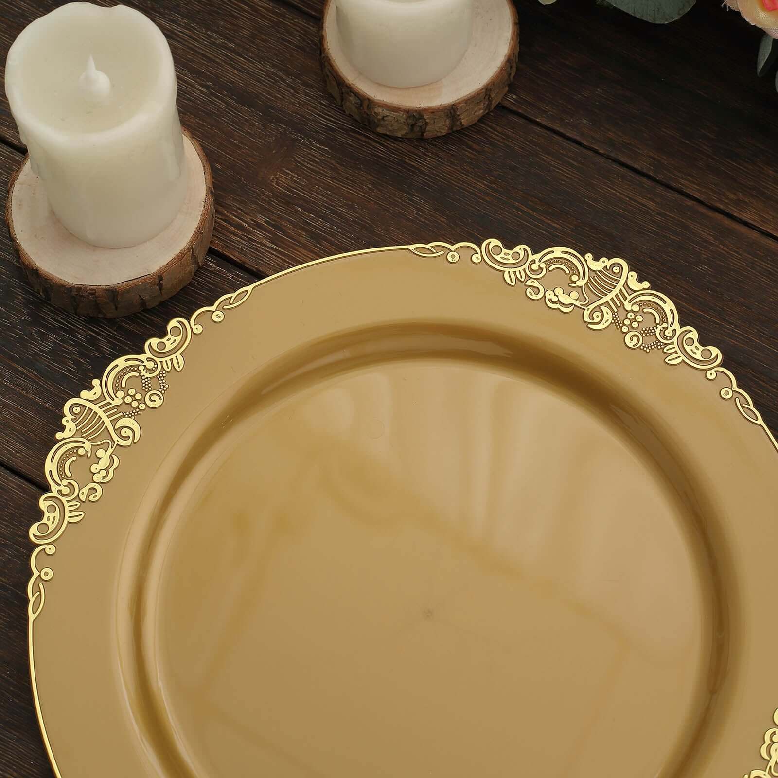 10-Pack Plastic 10 Round Dinner Plates in Gold with Leaf Embossed Rim - Disposable Vintage Baroque Style Plates for Luxurious Gatherings & Events